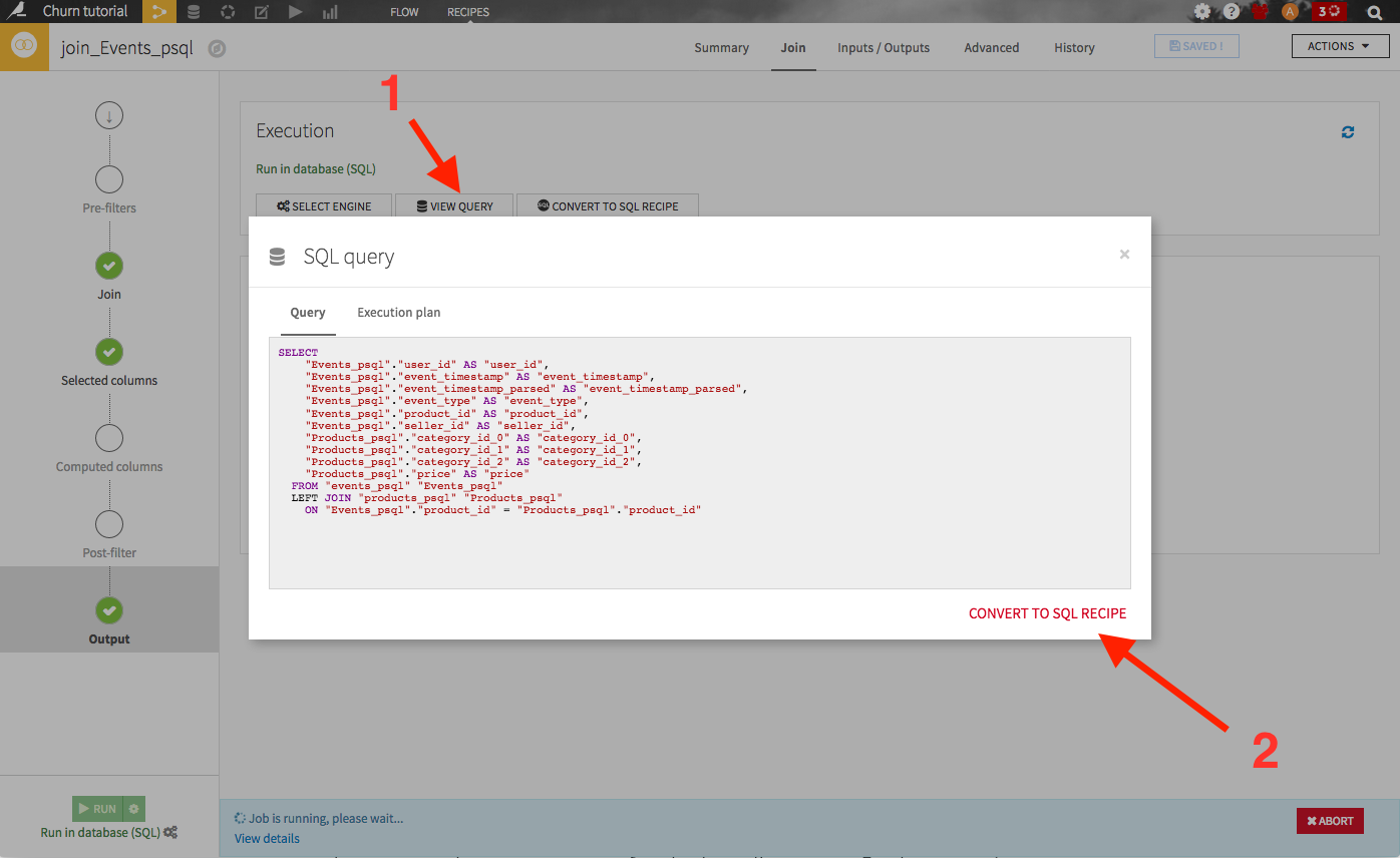 "Screenshot of convert to SQL recipe pop up"