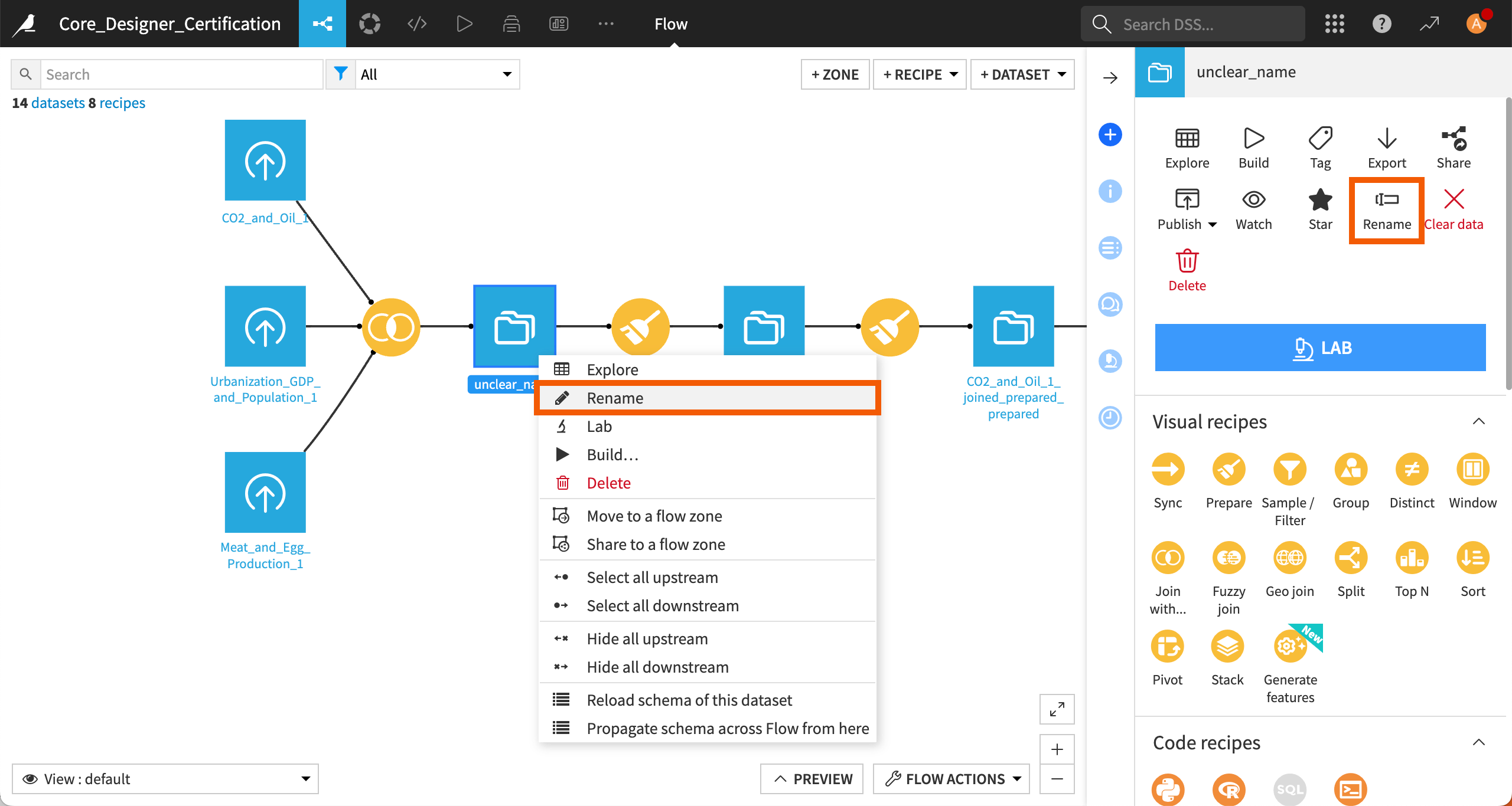 Rename menu of a dataset.