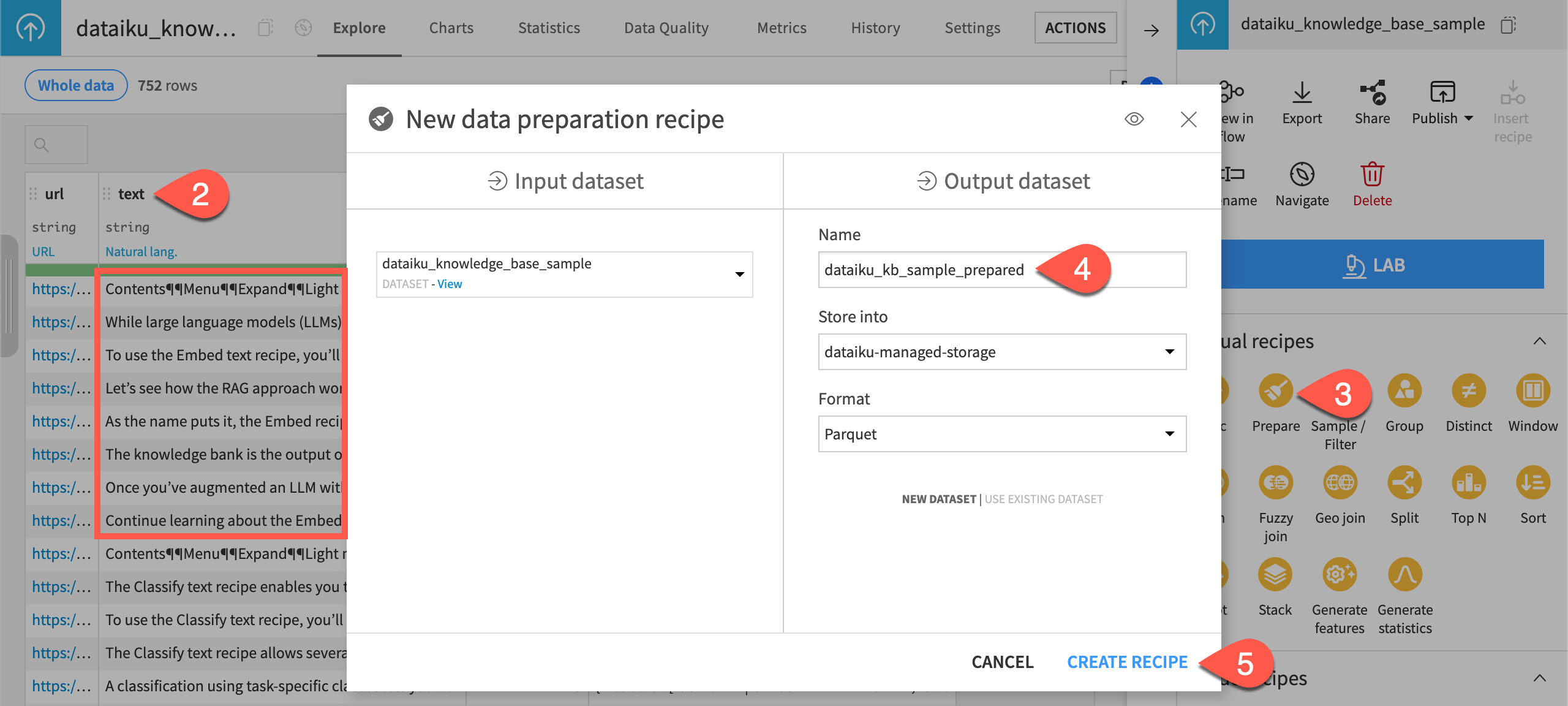 Dataiku screenshot of a Prepare recipe dialog.