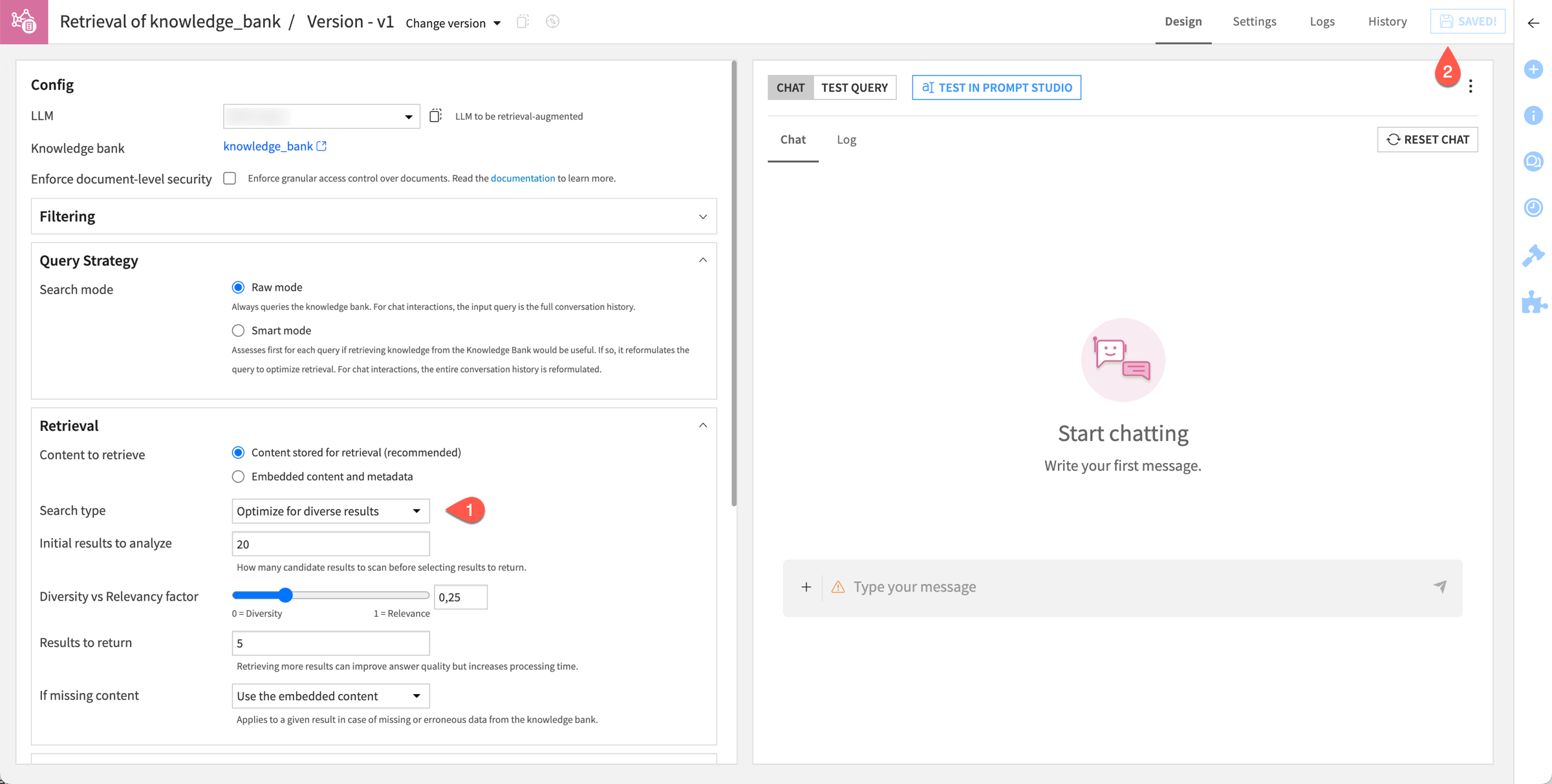 Dataiku screenshot of the Design tab of an augmented LLM.