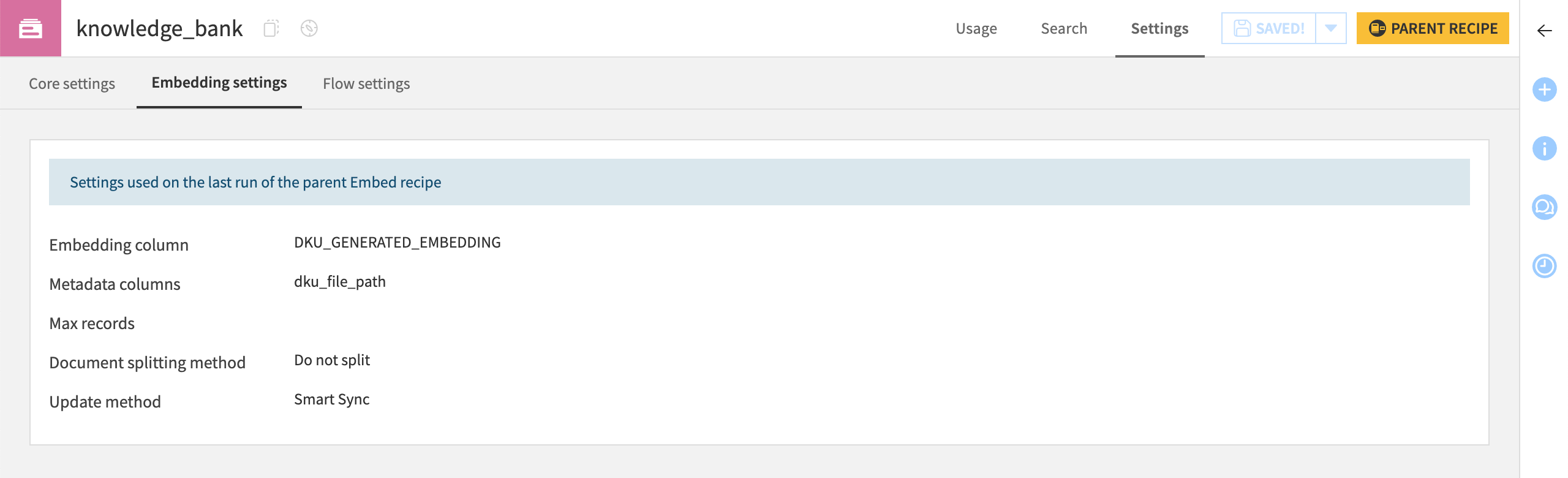 Screenshot of the Embedding settings tab of a knowledge bank.