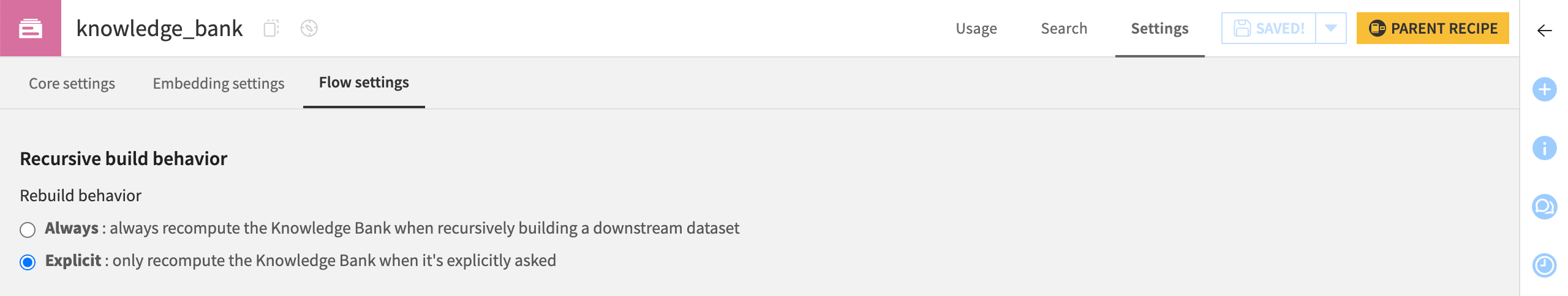 Screenshot of the Flow settings tab of a knowledge bank.