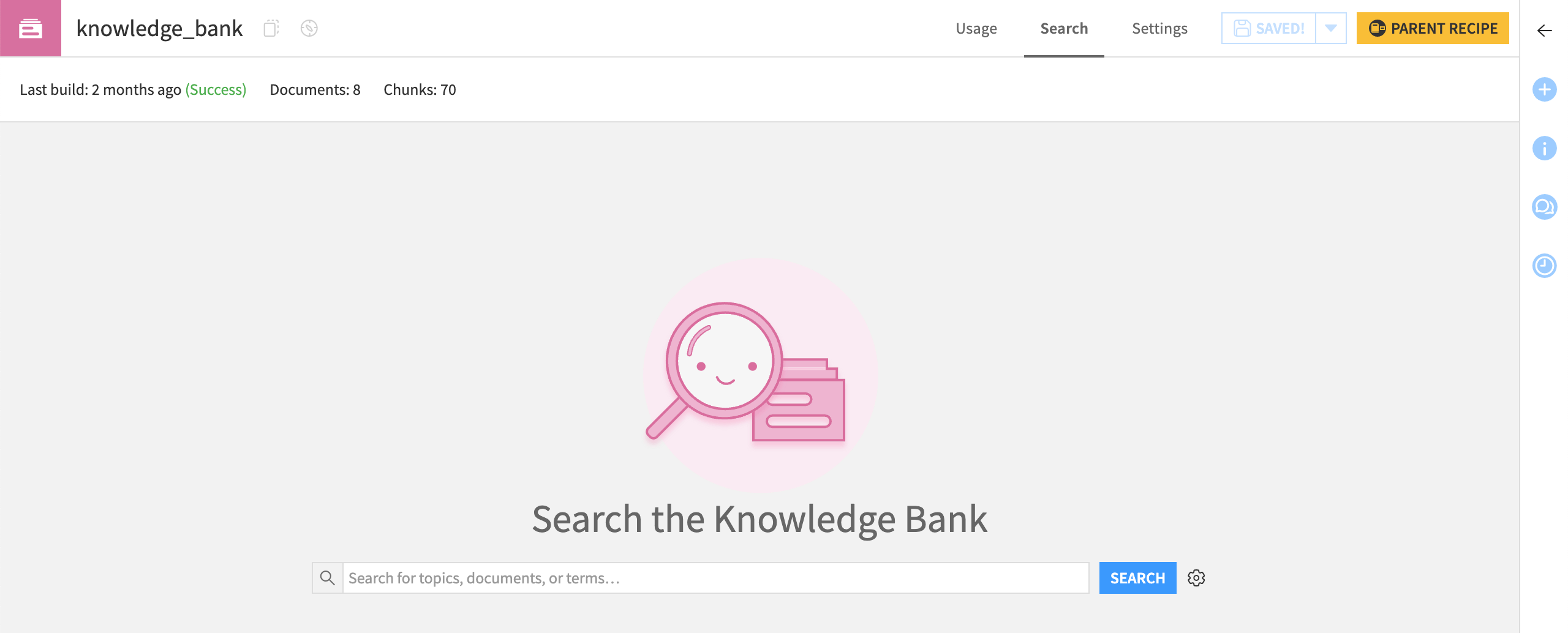 Screenshot of the Search tab of a knowledge bank.