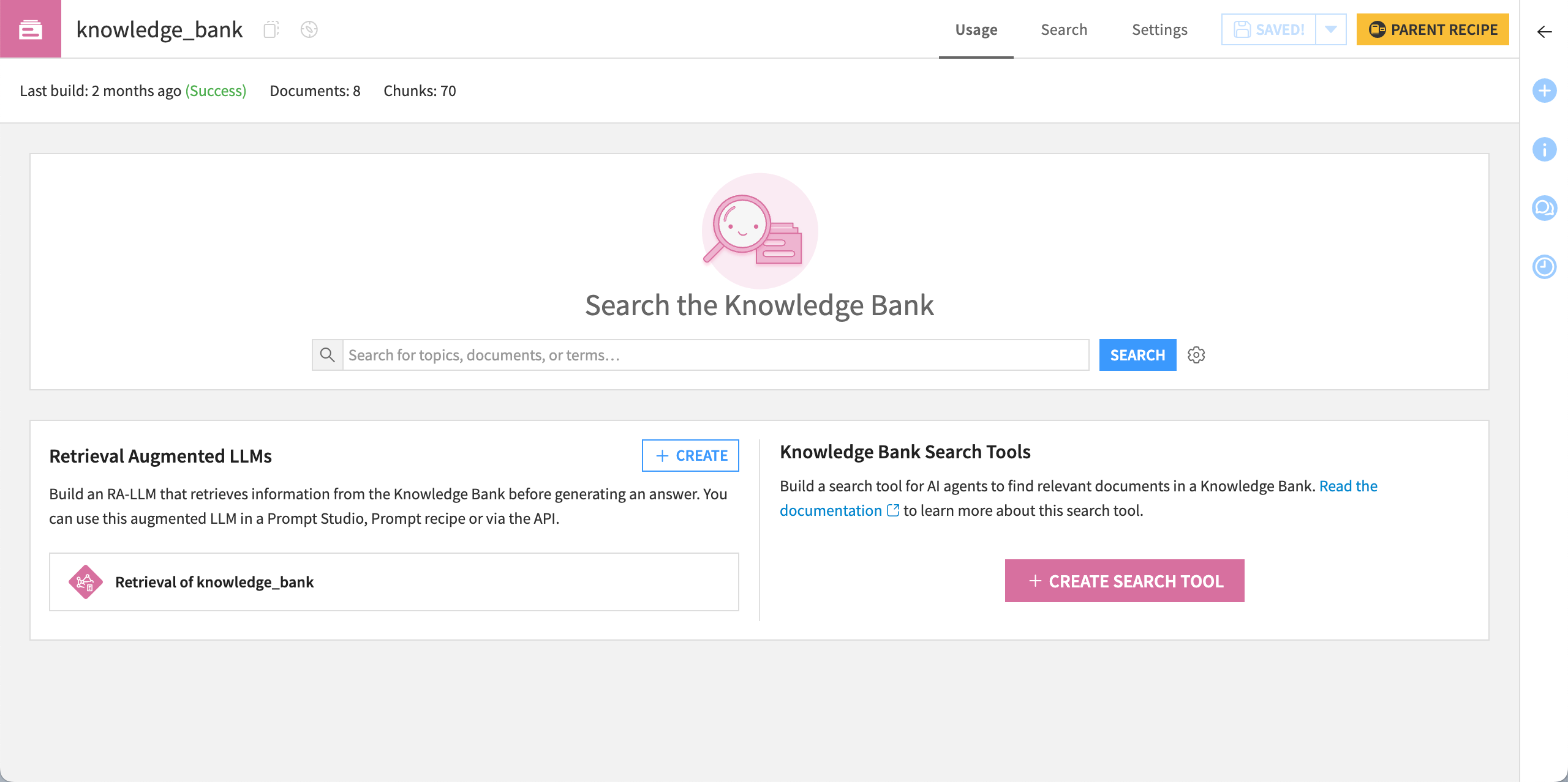 Screenshot of the Usage tab of a knowledge bank.