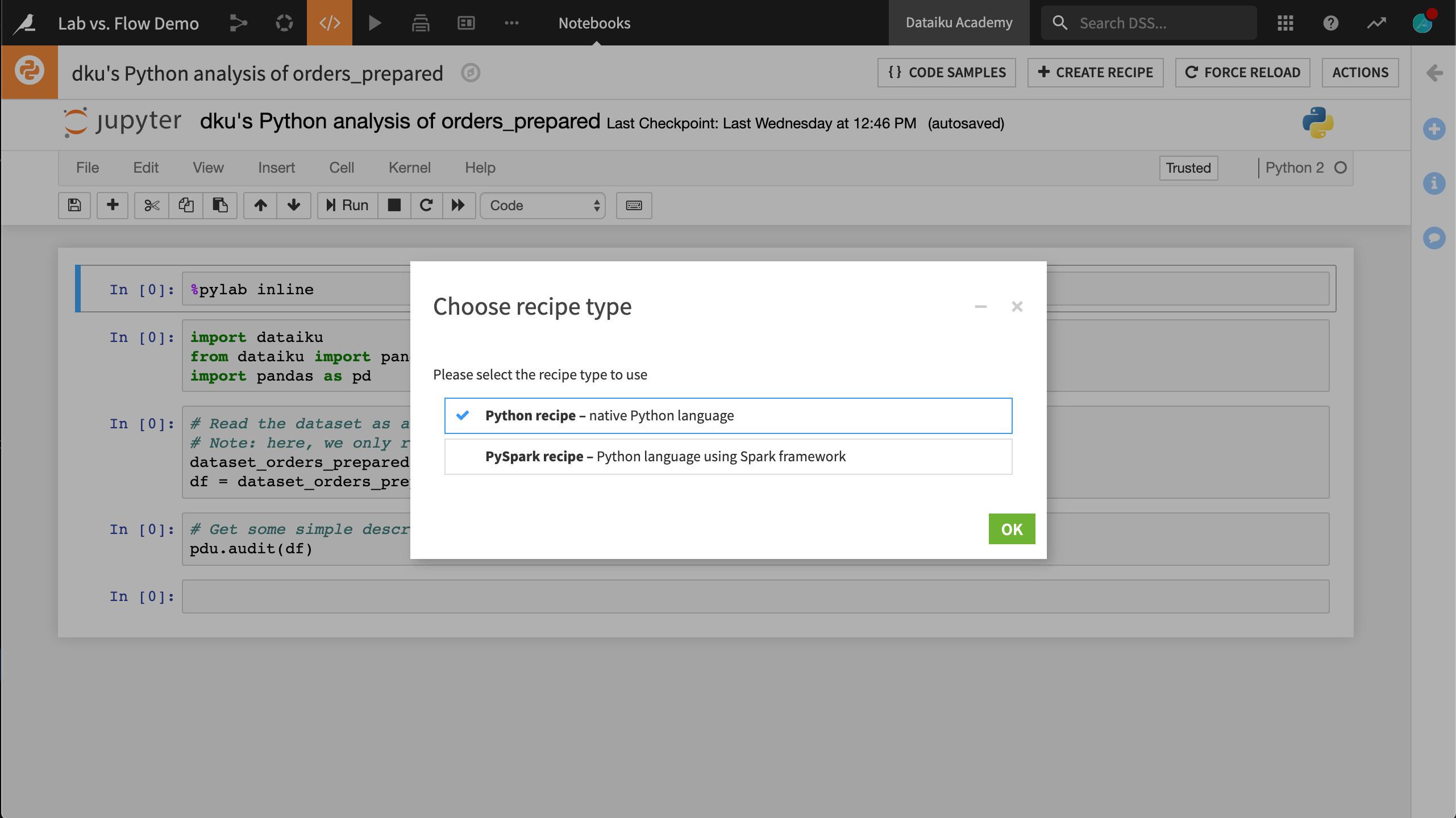 Converting a code notebook created in the Lab to a recipe in the Flow.