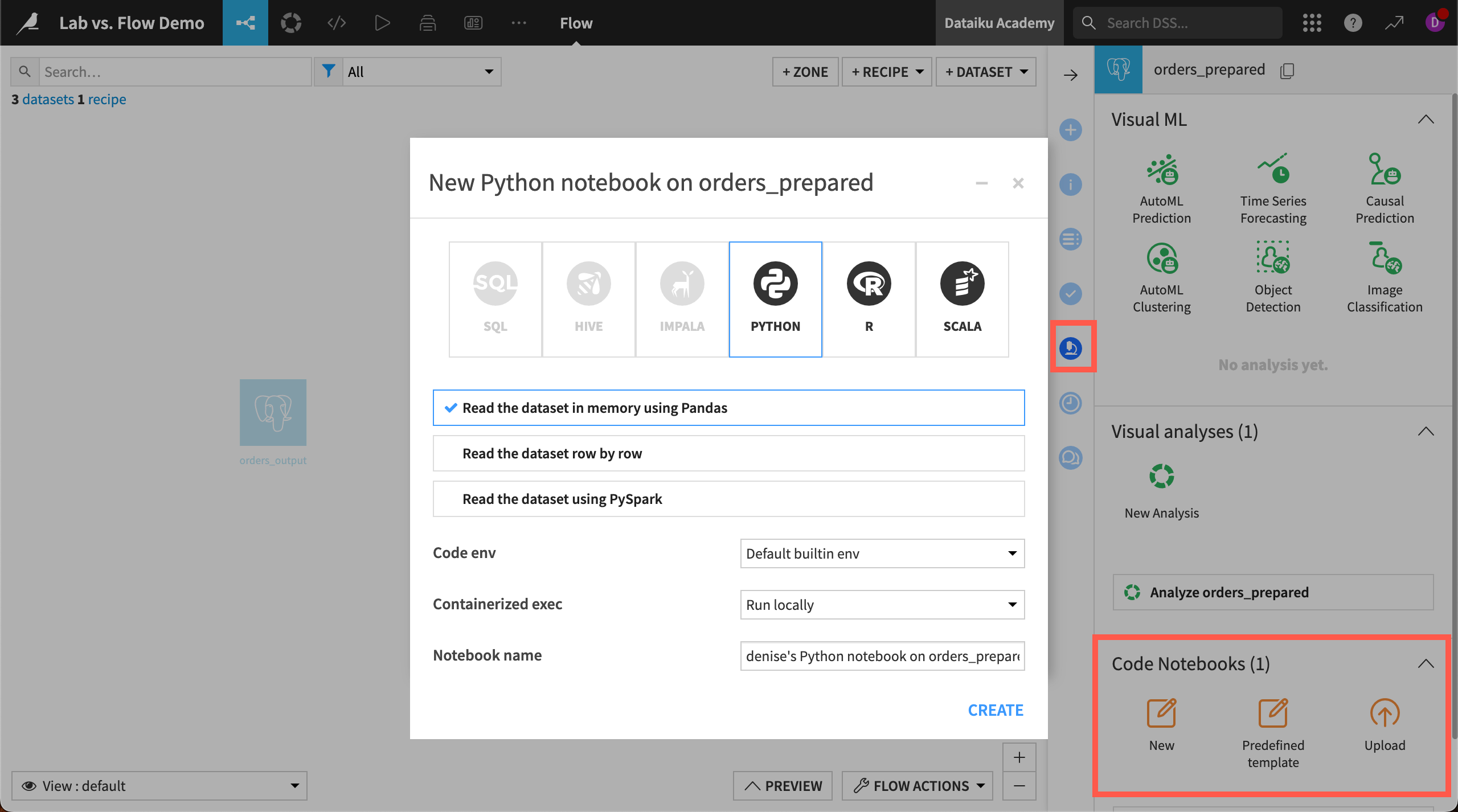 Options for creating a code notebook in the Lab.