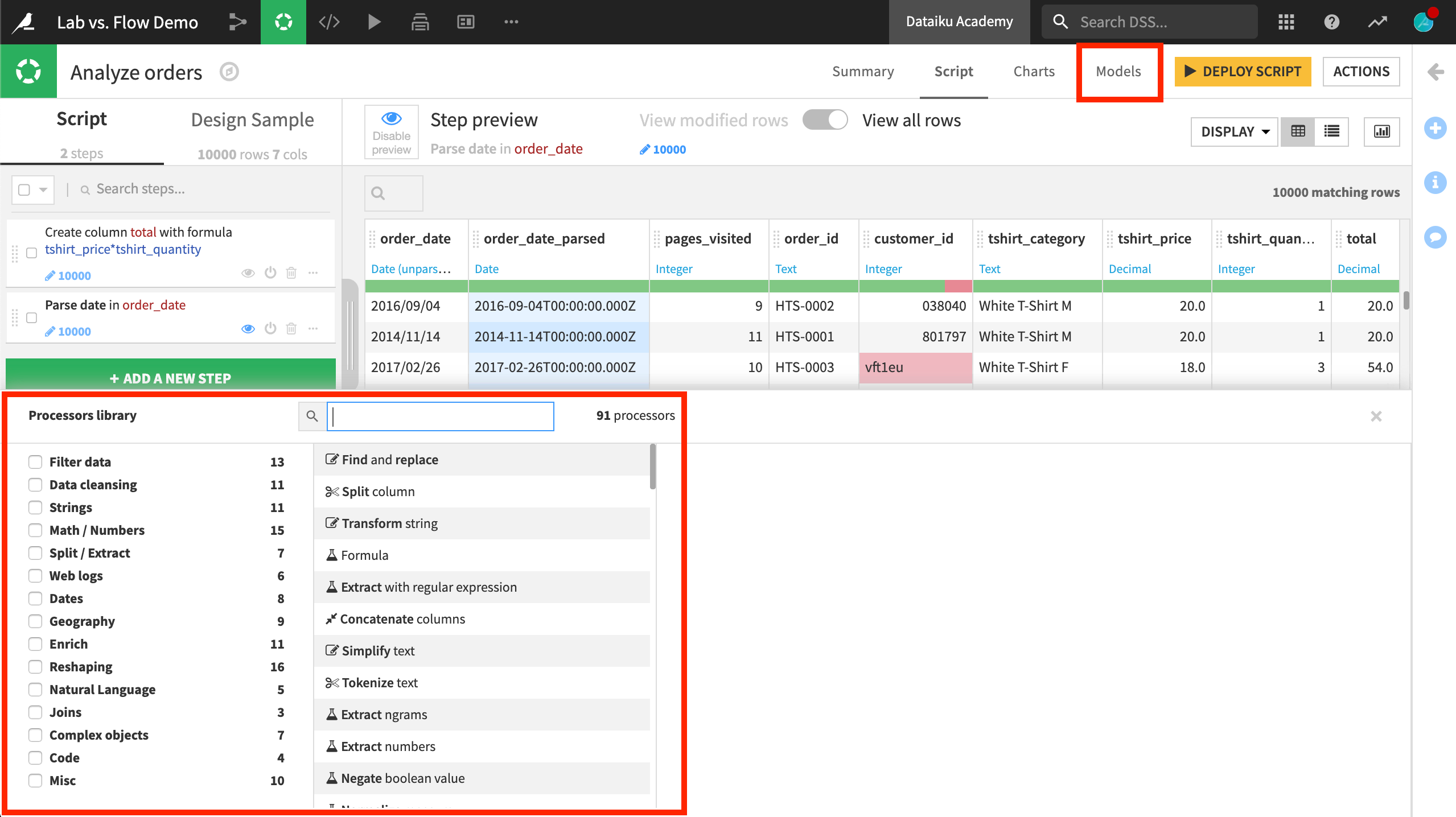 Processors library in a script in the Lab.