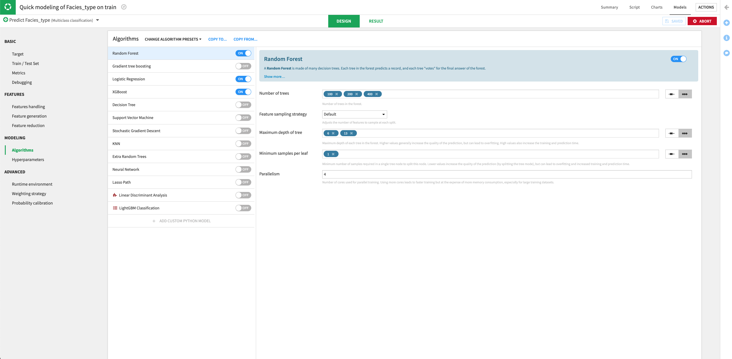 Figure showing the algorithms section of the Lab with a selection of algorithms and parameter values.