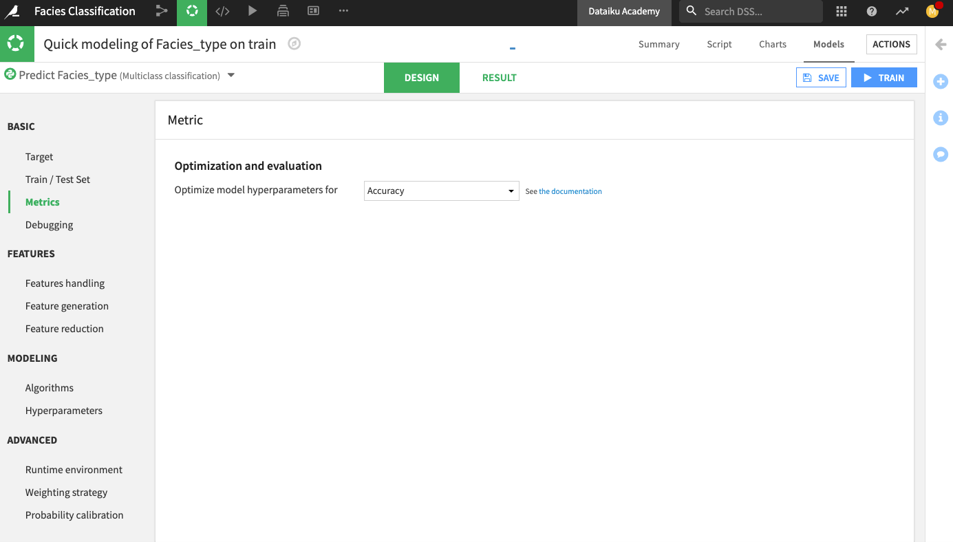 In the Lab, under the Metrics section, change the metric to accuracy.