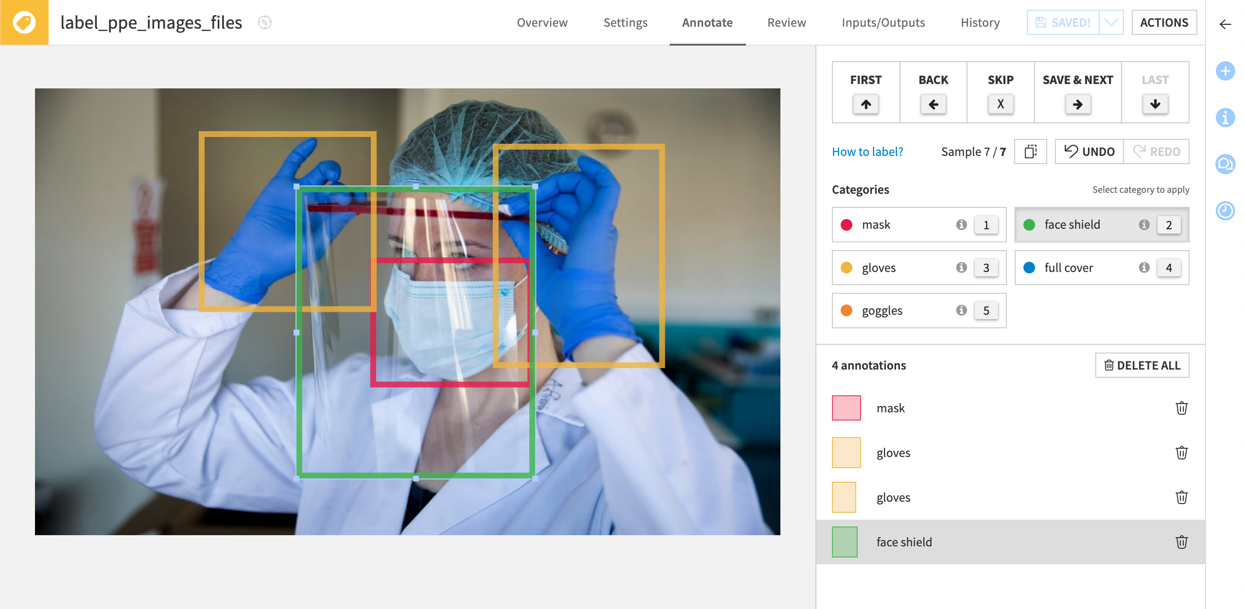 The Annotate interface includes categories and instructions set up by the manager.
