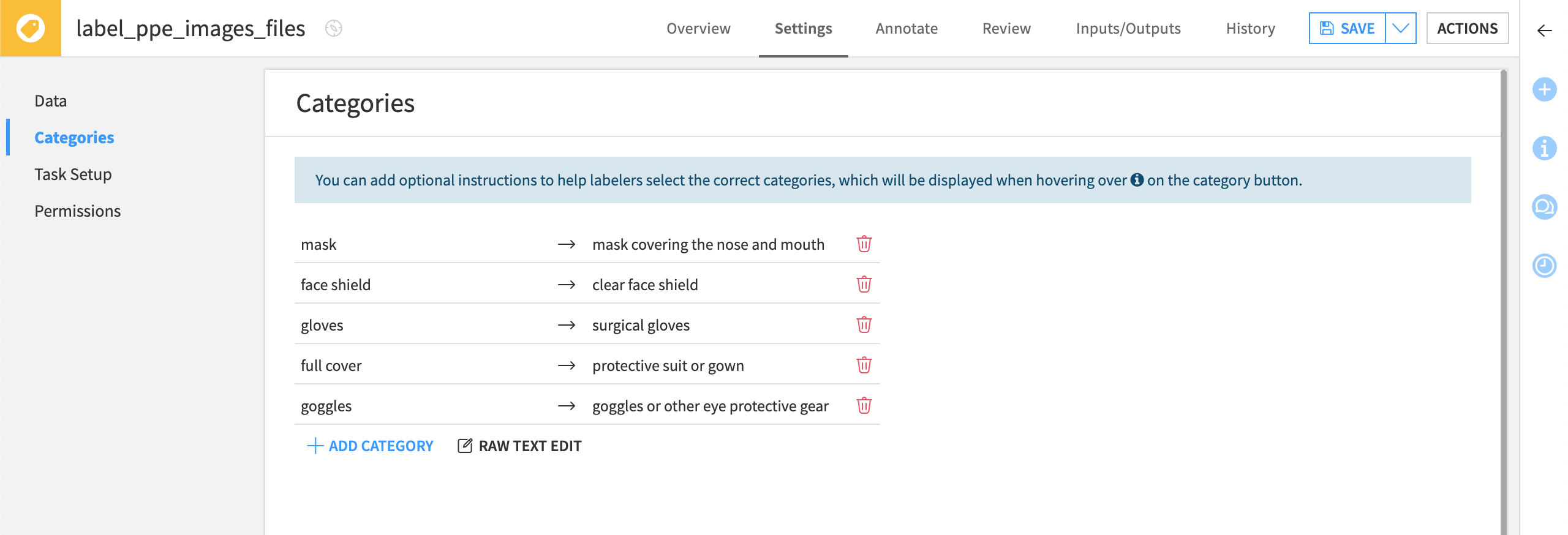 The Categories panel to set up labels and instructions for labelers.