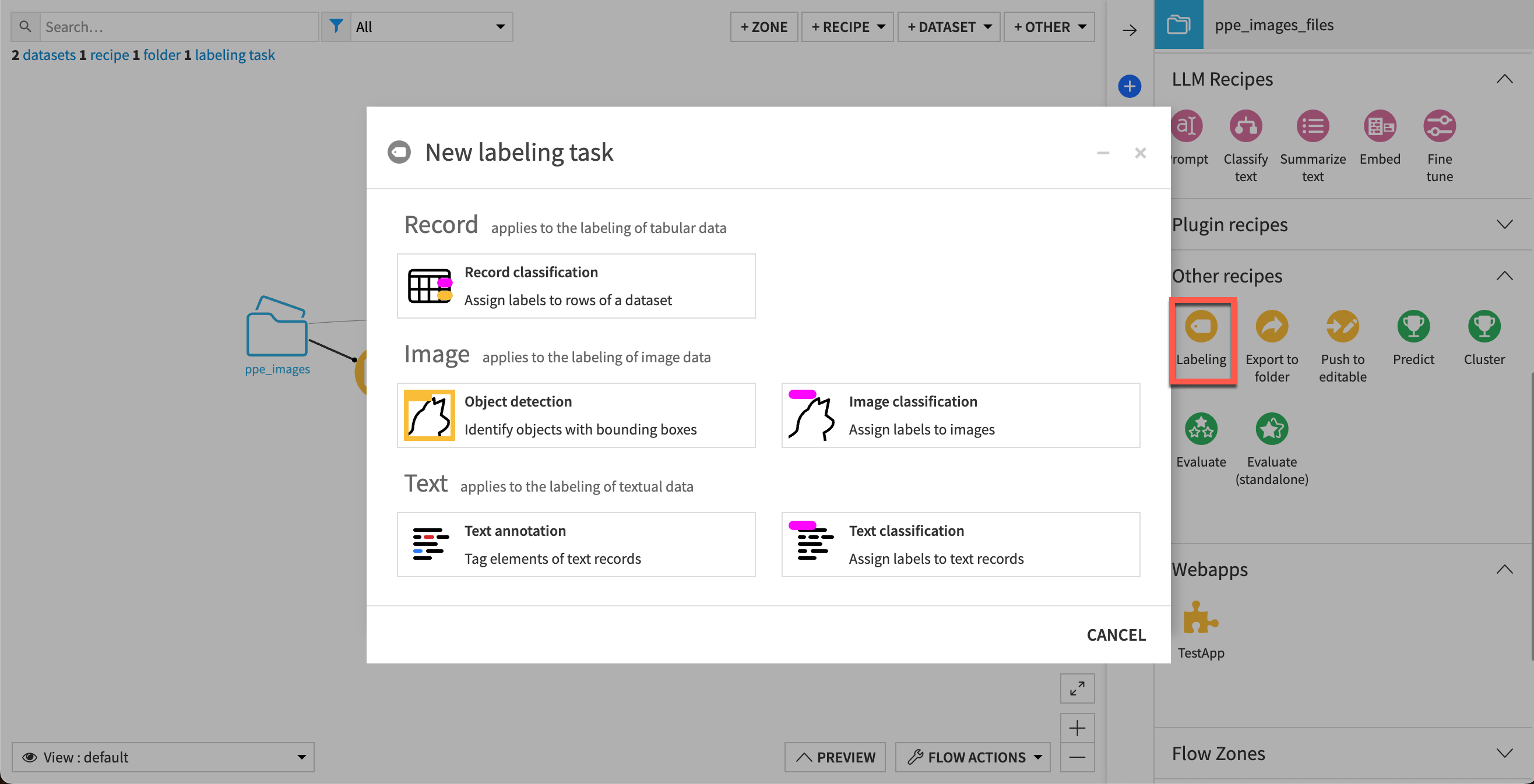 Choosing the type of task to start a new Labeling recipe.