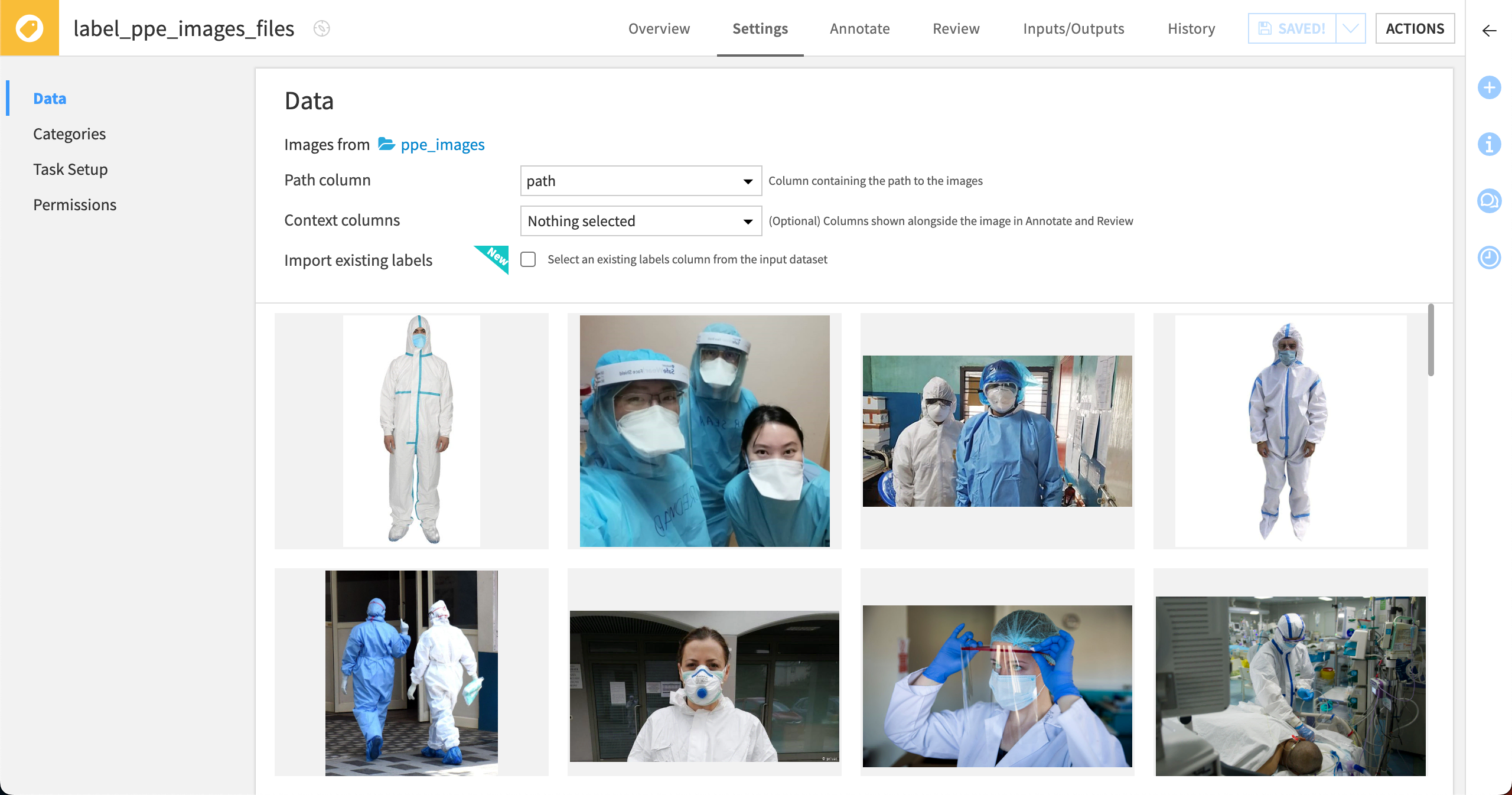The Settings tab to set up an object detection labeling task.
