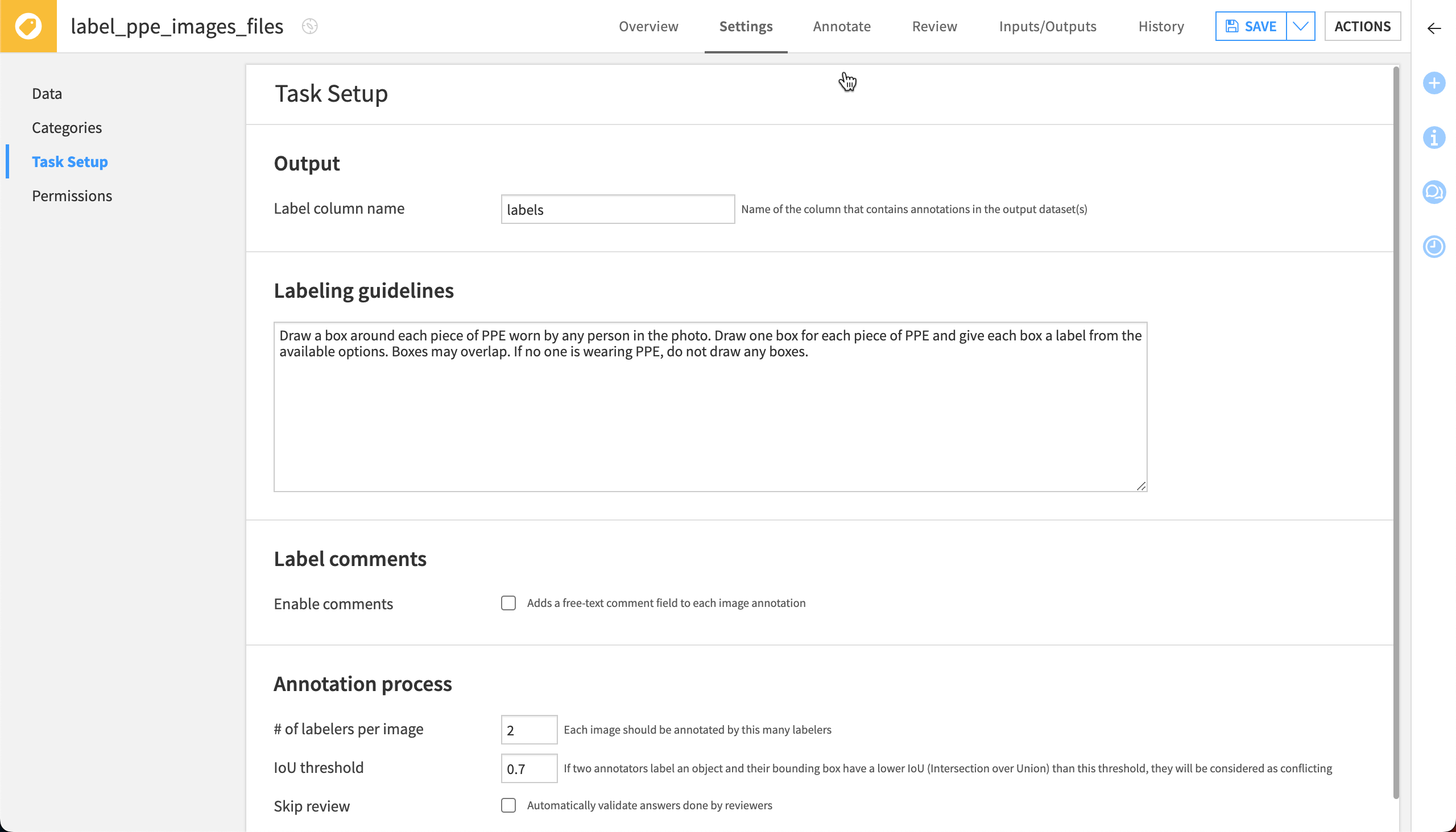 The Task setup page for an object detection labeling task.