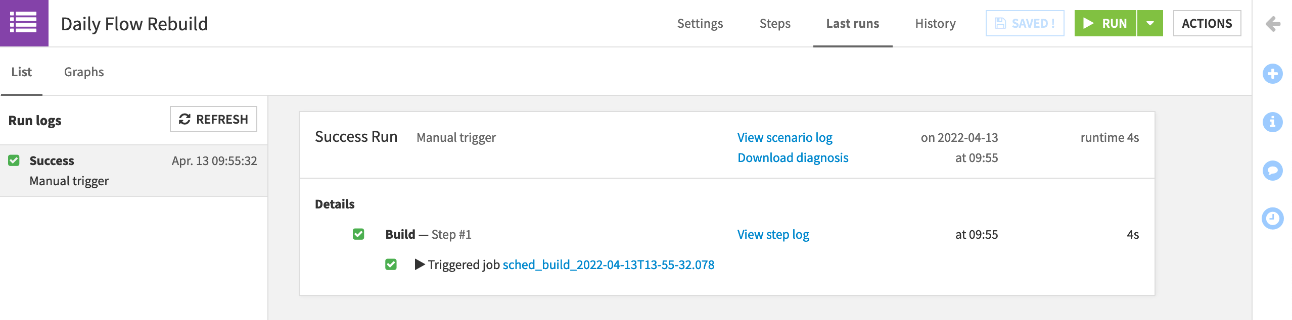 Dataiku screenshot of the last runs tab of a scenario.