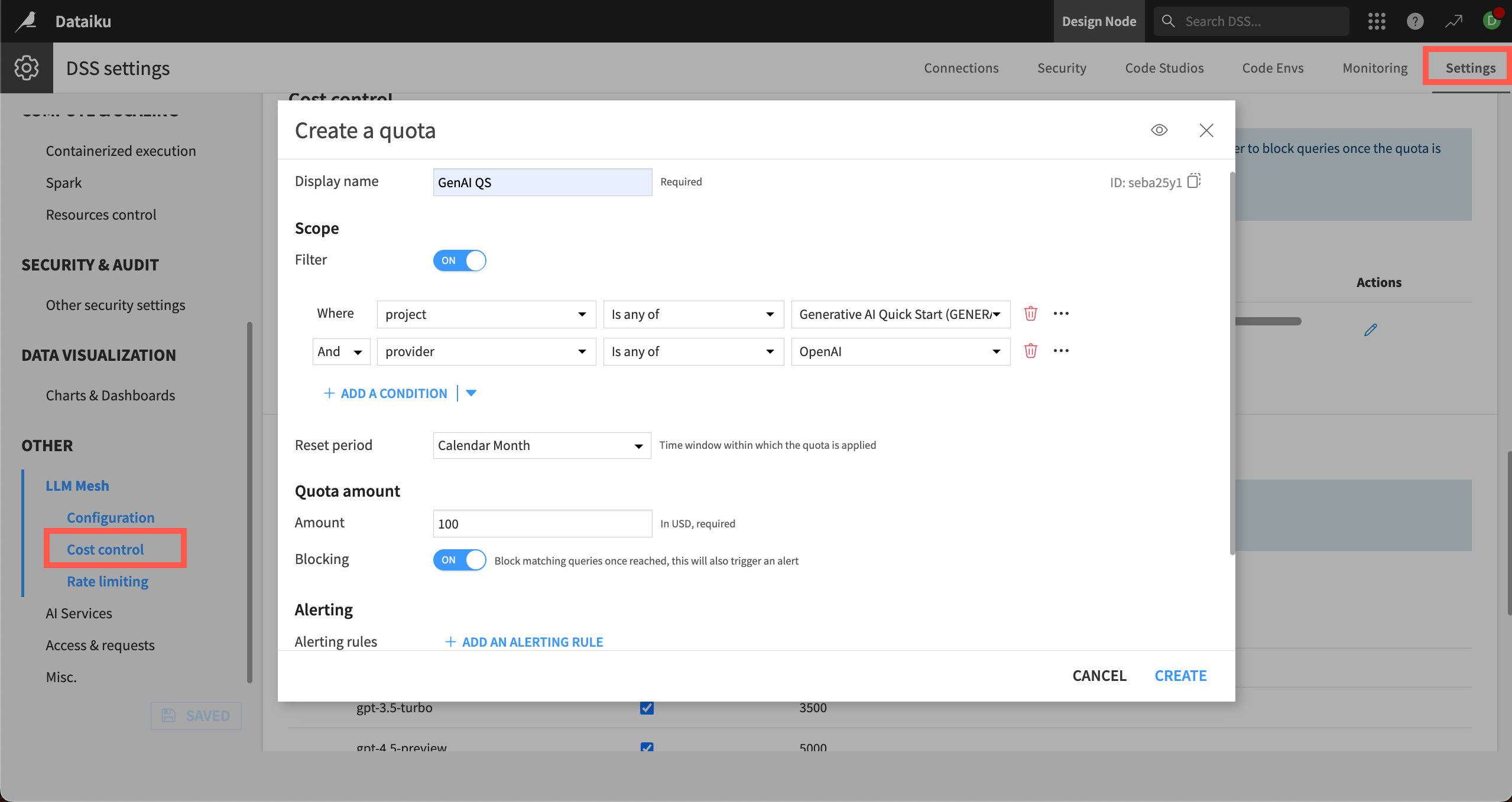 Screenshot of the LLM cost control quota.