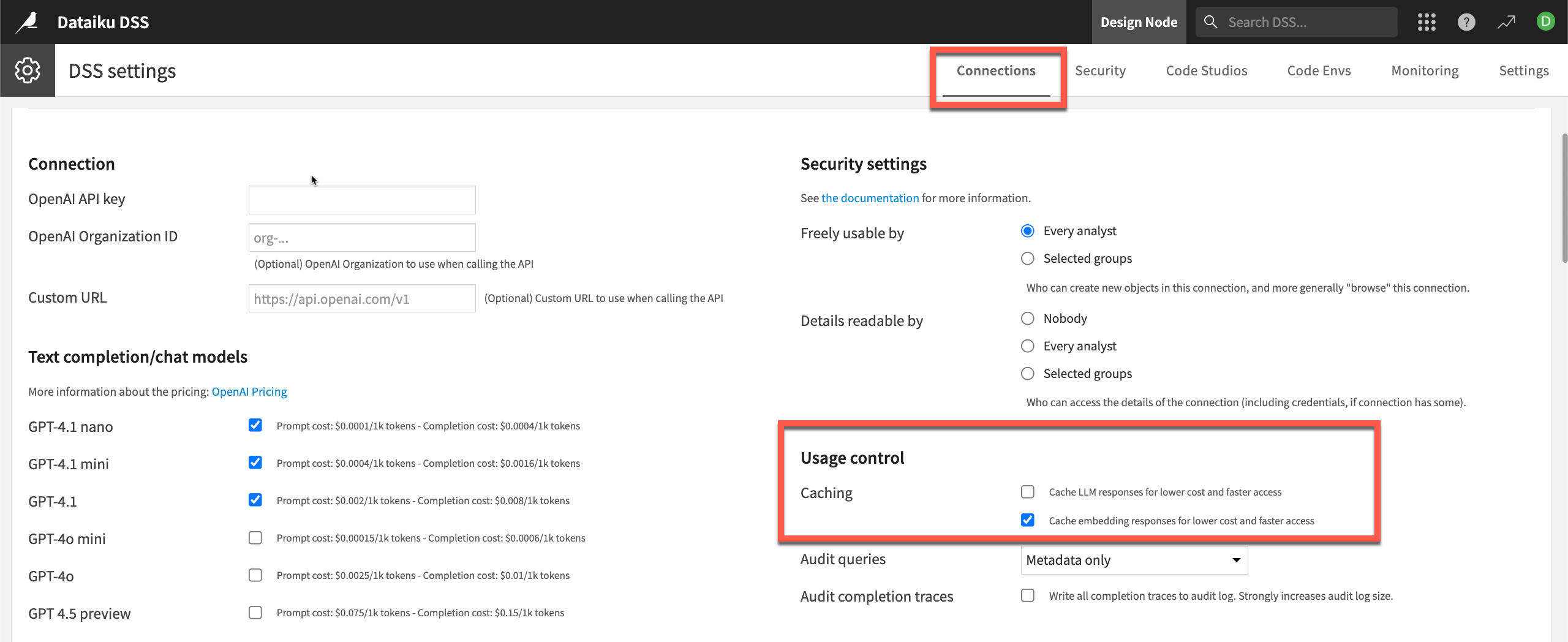 Screenshot of the cache settings in LLM connections.
