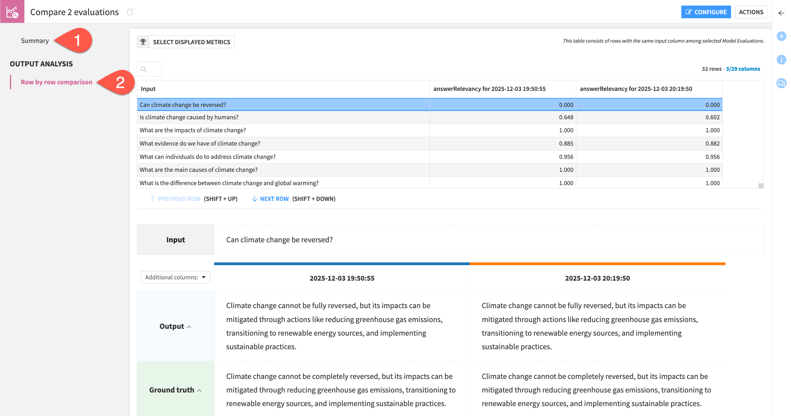 Dataiku screenshot of row by row comparison of an LLM evaluation.