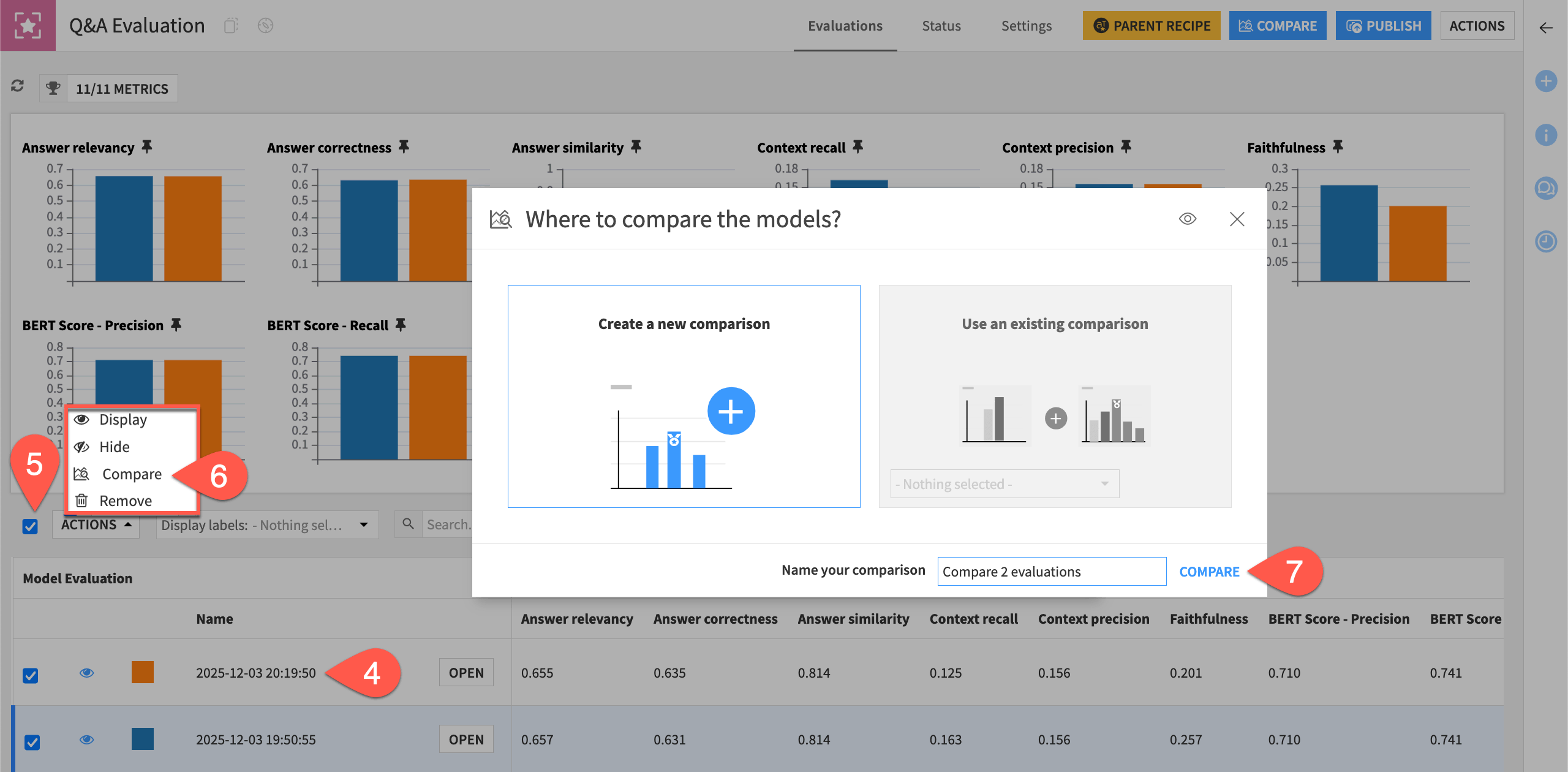 Dataiku screenshot of the dialog for an LLM comparison.
