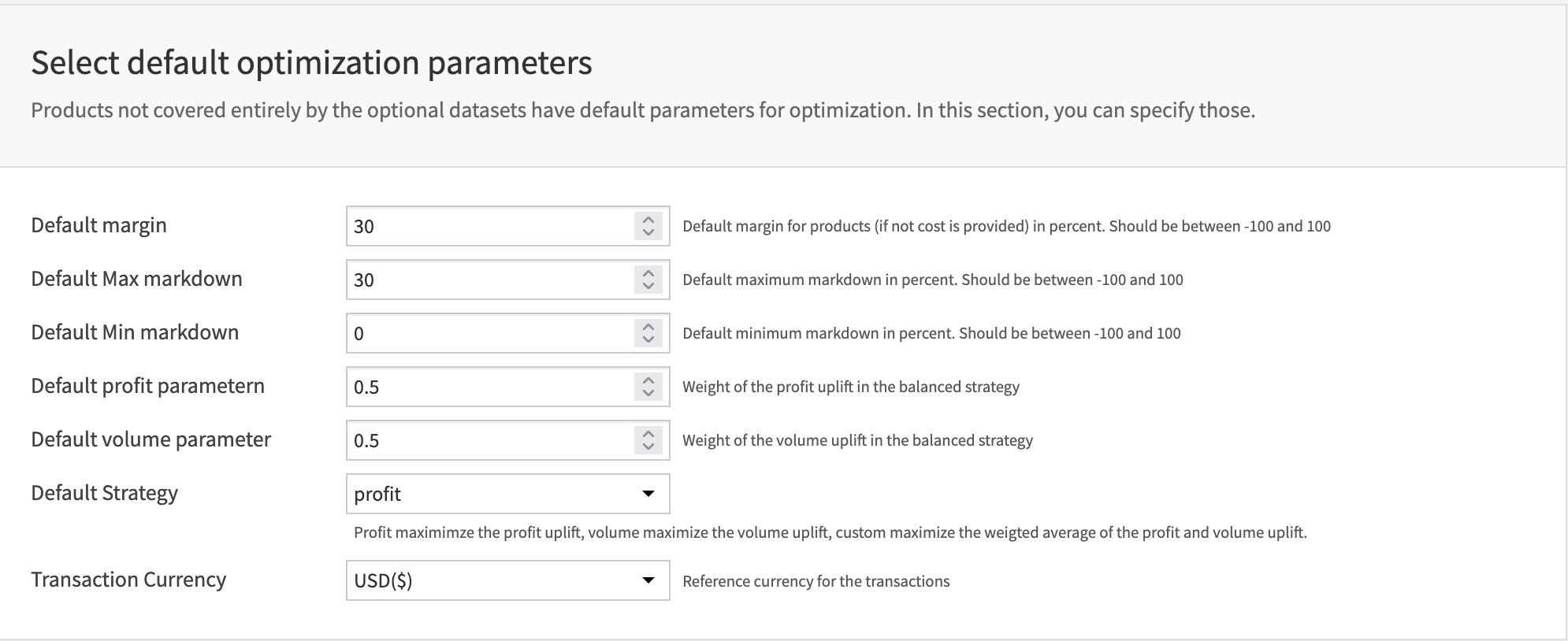 Selection of default parameters