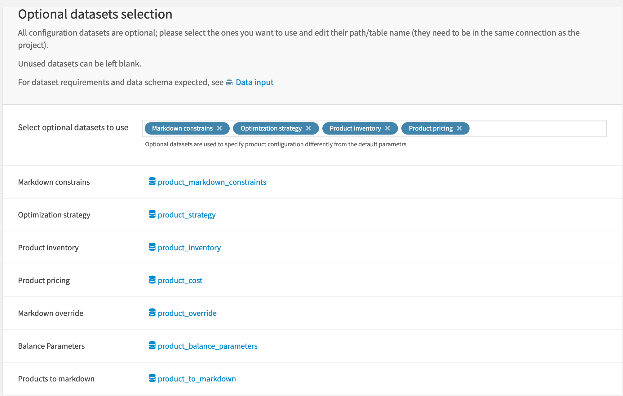 Selection of the optional datasets