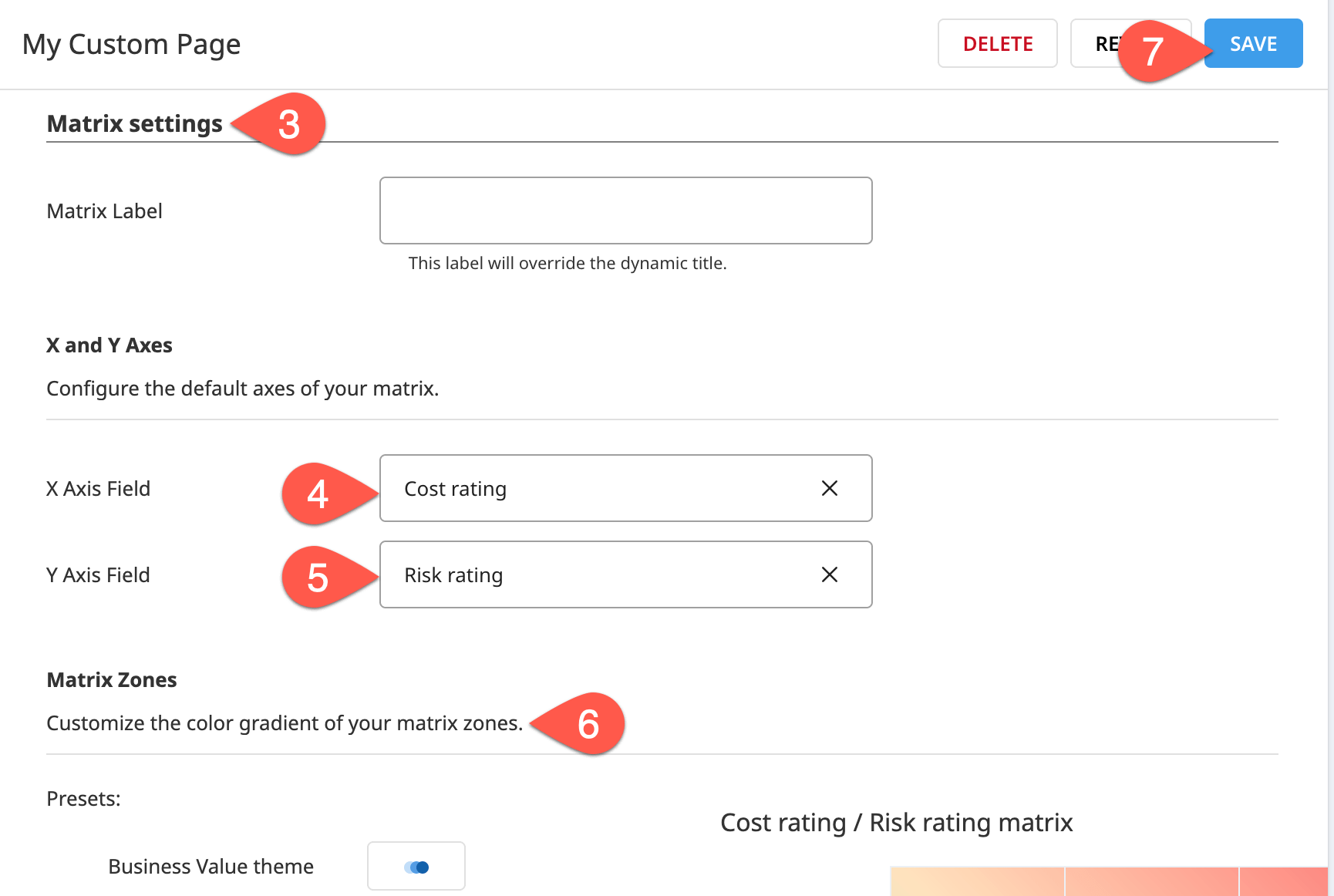 Dataiku screenshot of matrix settings in a custom page.
