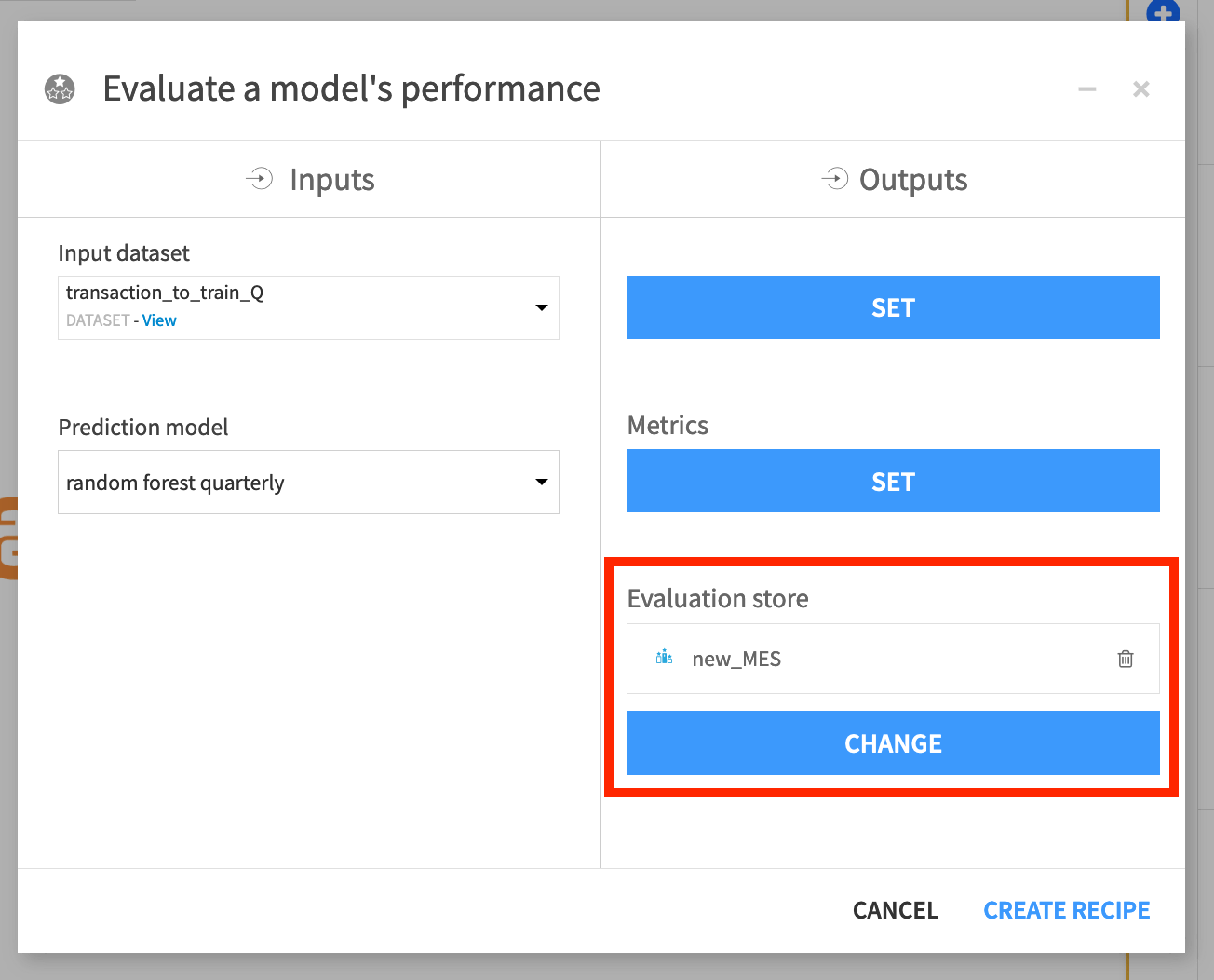Dataiku screenshot of the dialog for a new Evaluate recipe.