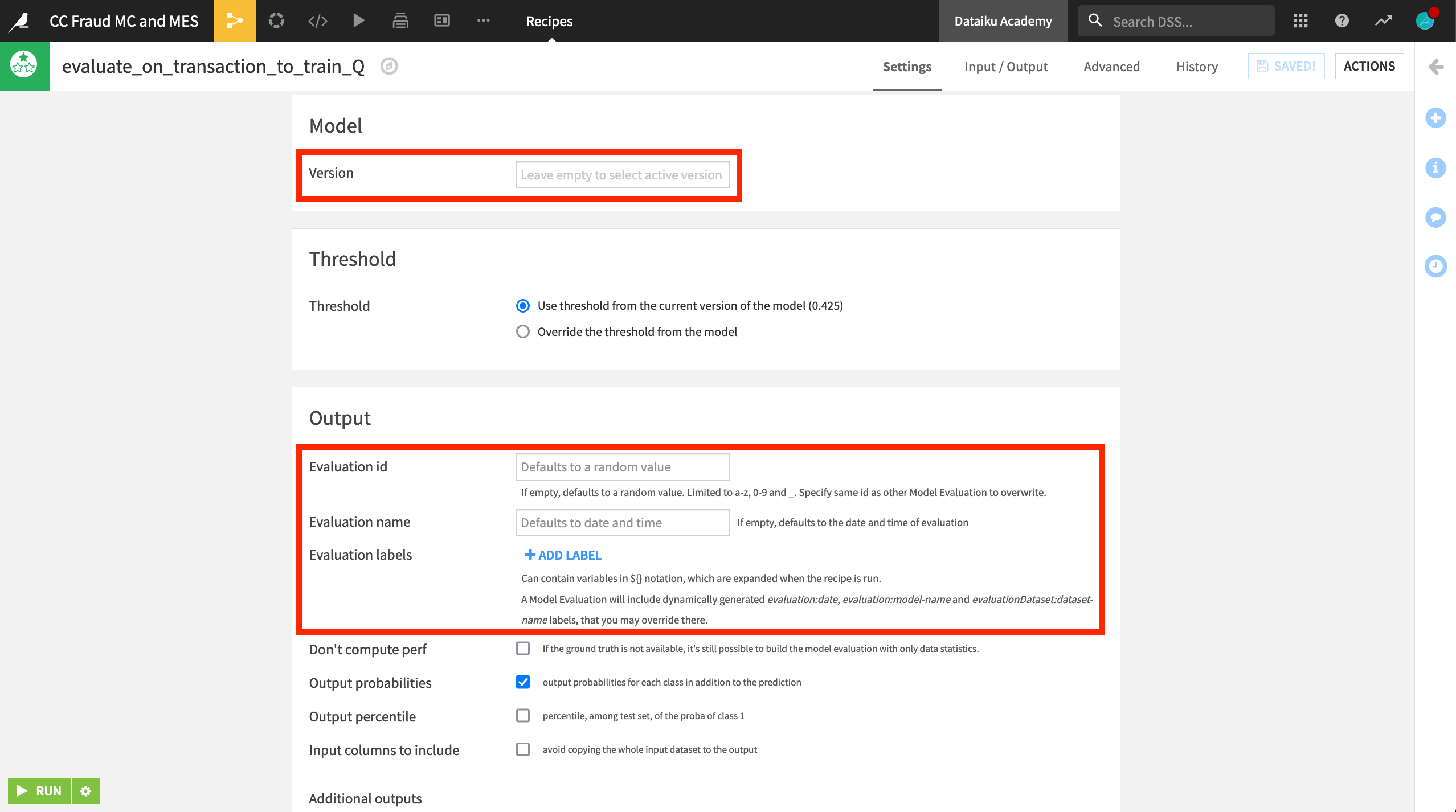 Dataiku screenshot of the Settings tab of the Evaluate recipe.