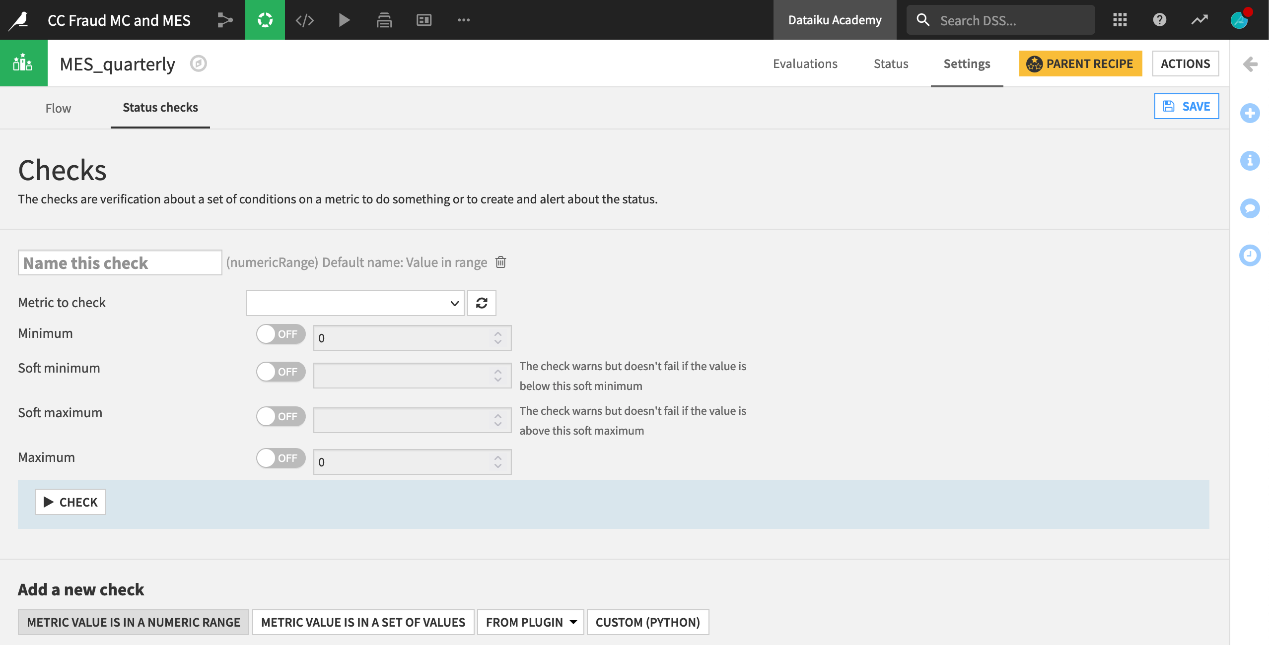 Dataiku screenshot of the Status checks tab within a Model Evaluation Store.