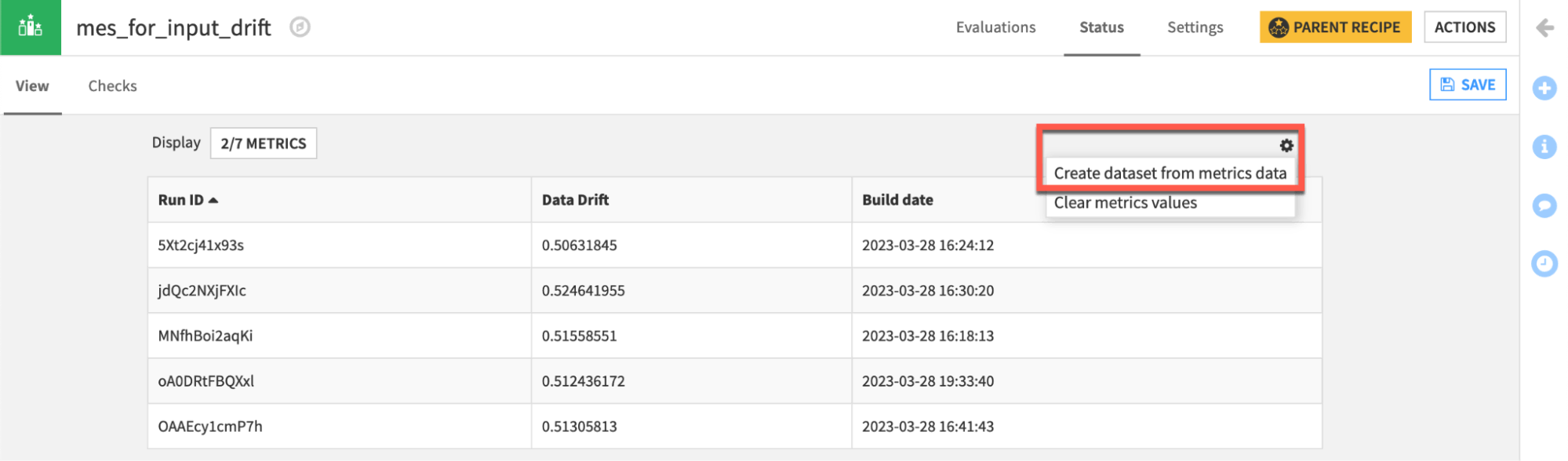 Dataiku screenshot of the Status tab of a model evaluation store highlighting the option to create a metrics dataset.