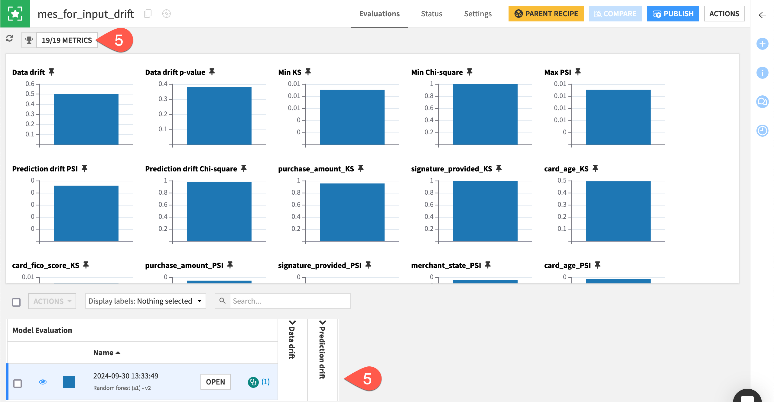 Dataiku screenshot of a model evaluation store for input drift with one evaluation.
