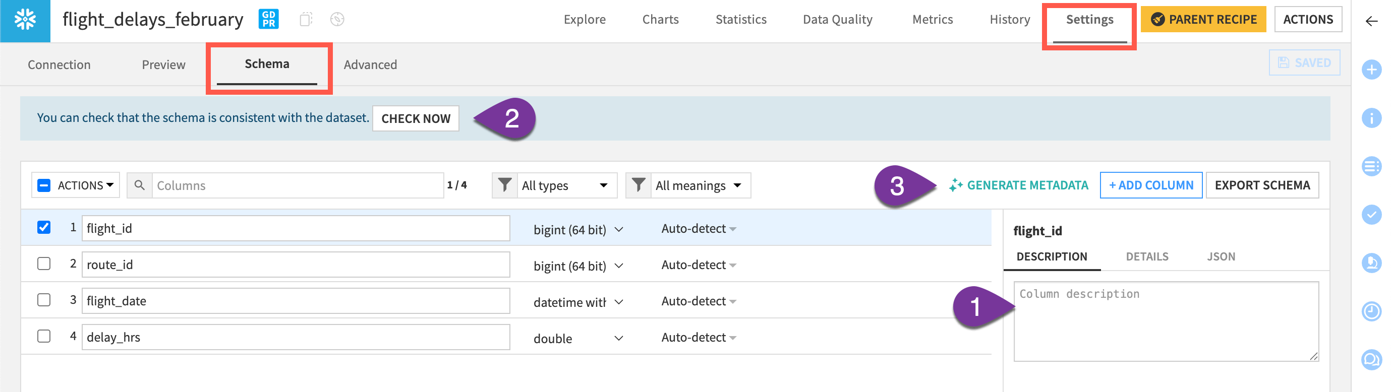 Screenshot showing three ways to add metadata to a dataset.