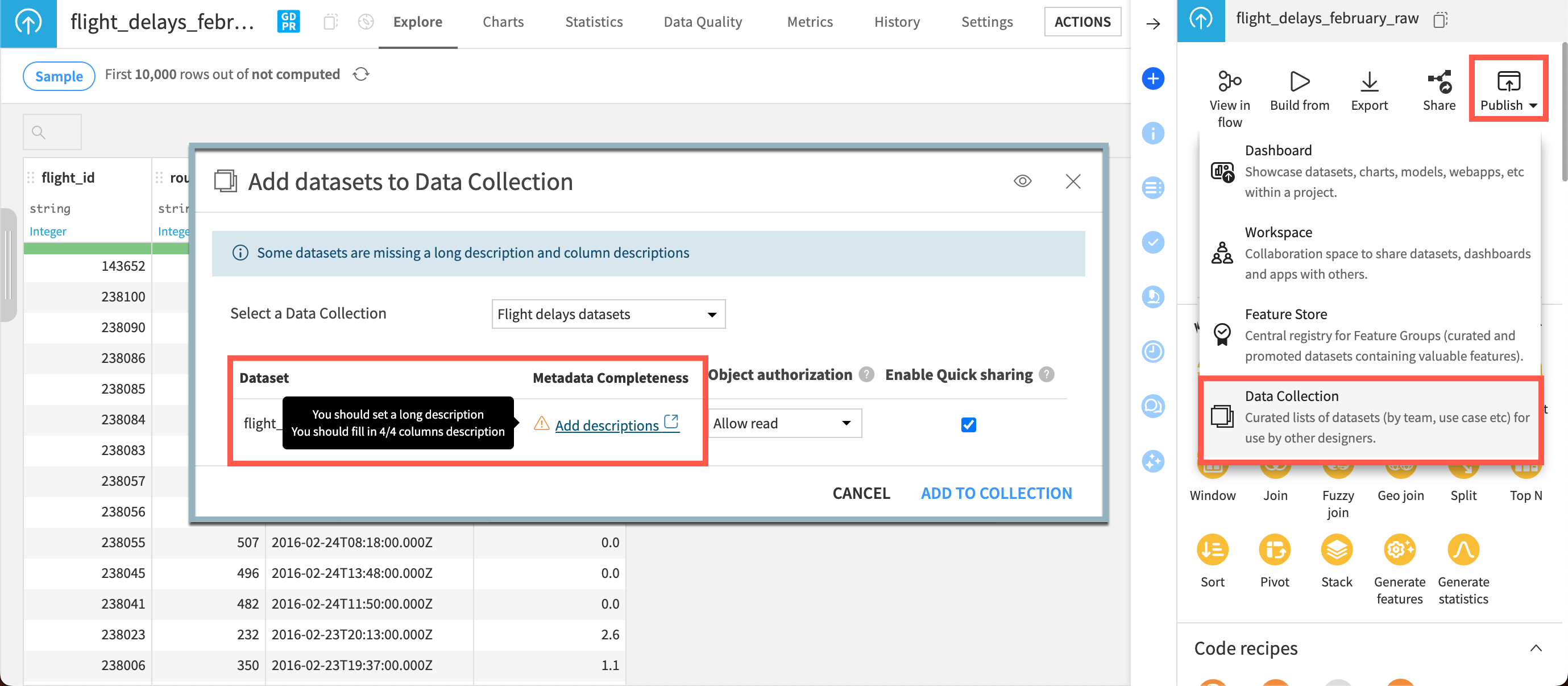 Screenshot showing how to add metadata when publishing to a Data Collection.
