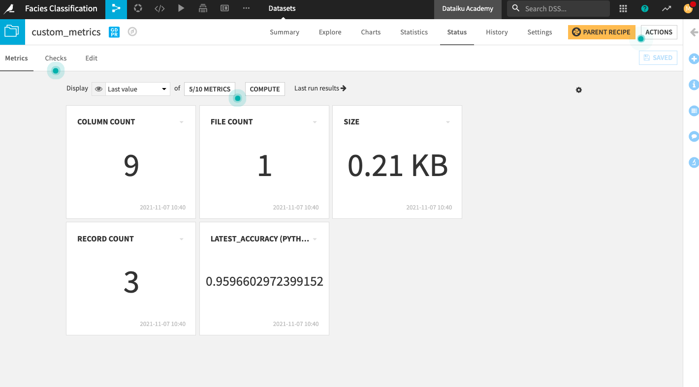 The new metric “latest accuracy" for the custom accuracy appears on the metrics home screen.