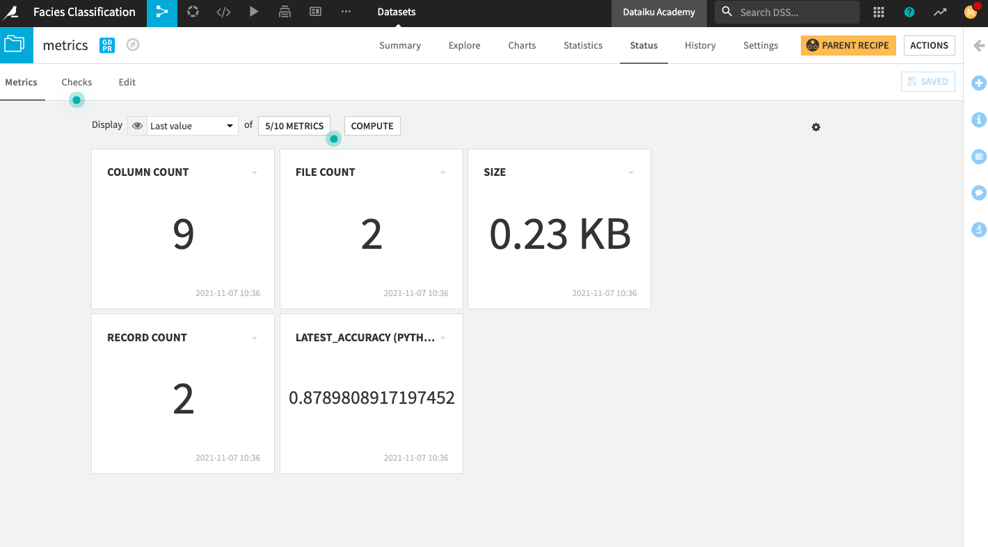 The new metric “latest accuracy” appears on the metrics home screen.