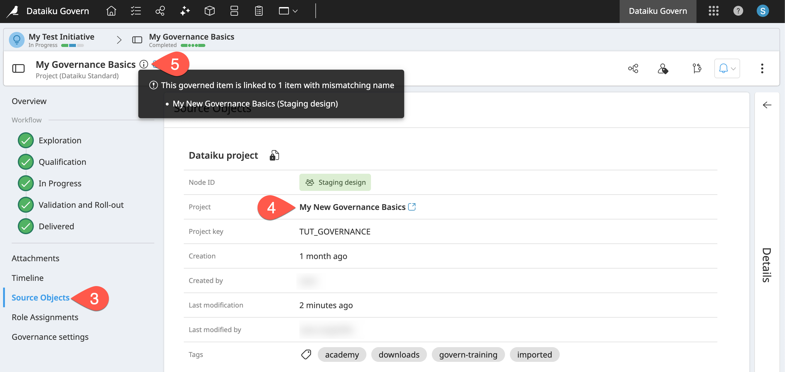 Dataiku screenshot of the Source Objects panel of a governed project with a different Dataiku project name.