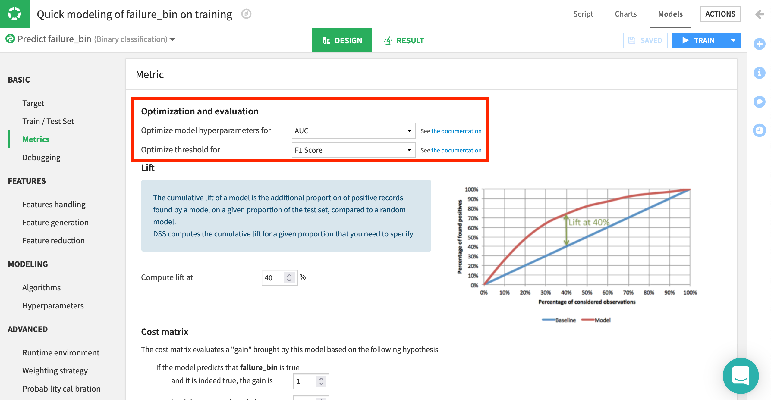 Dataiku screenshot of the Metrics pane within the Design tab of a visual model.