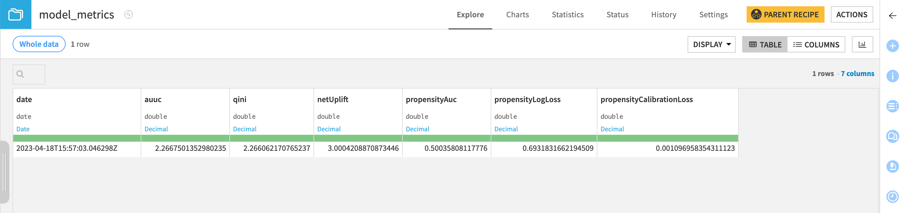 Overview of the model_metrics dataset.