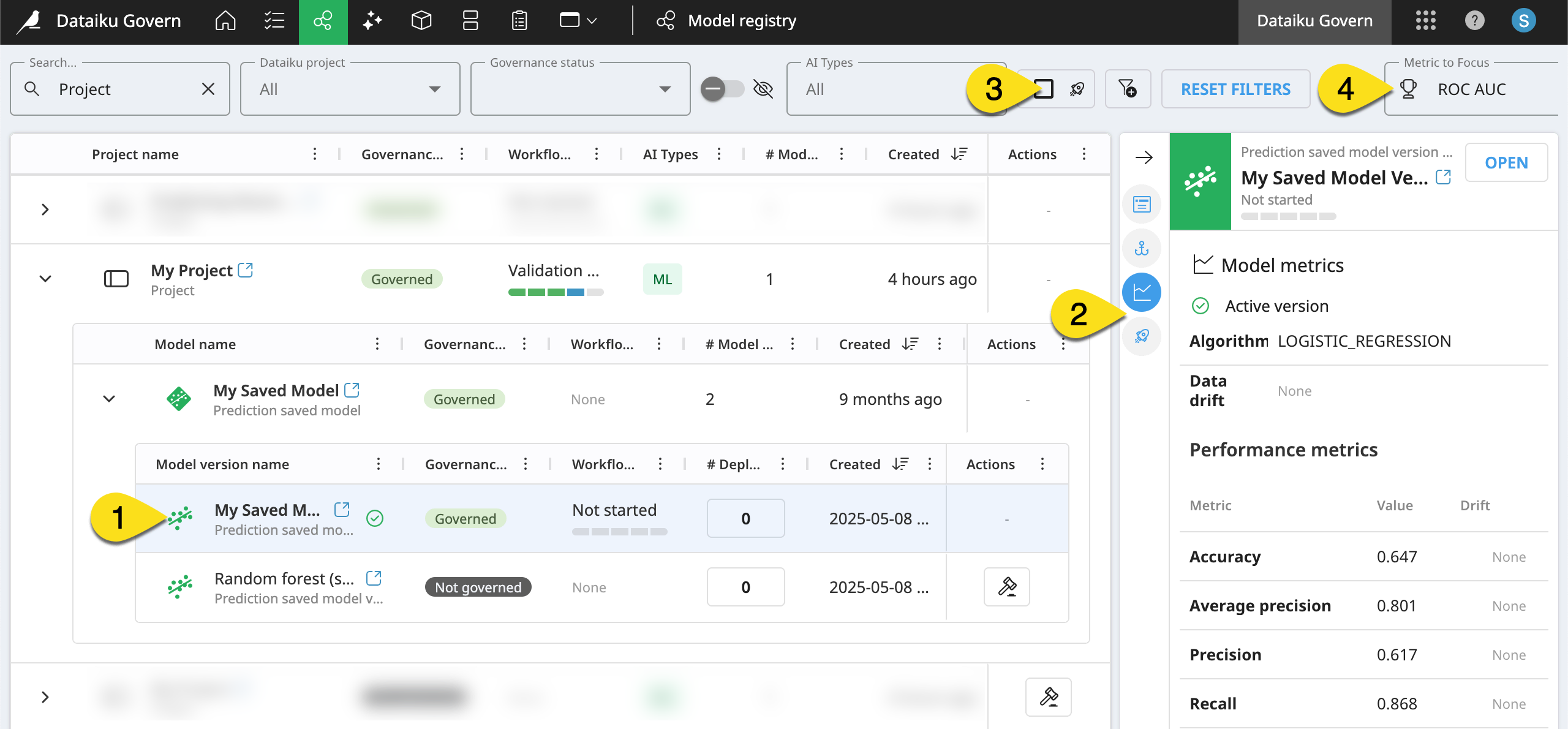 Dataiku screenshot of the Details panel of a model version in the Model registry page.