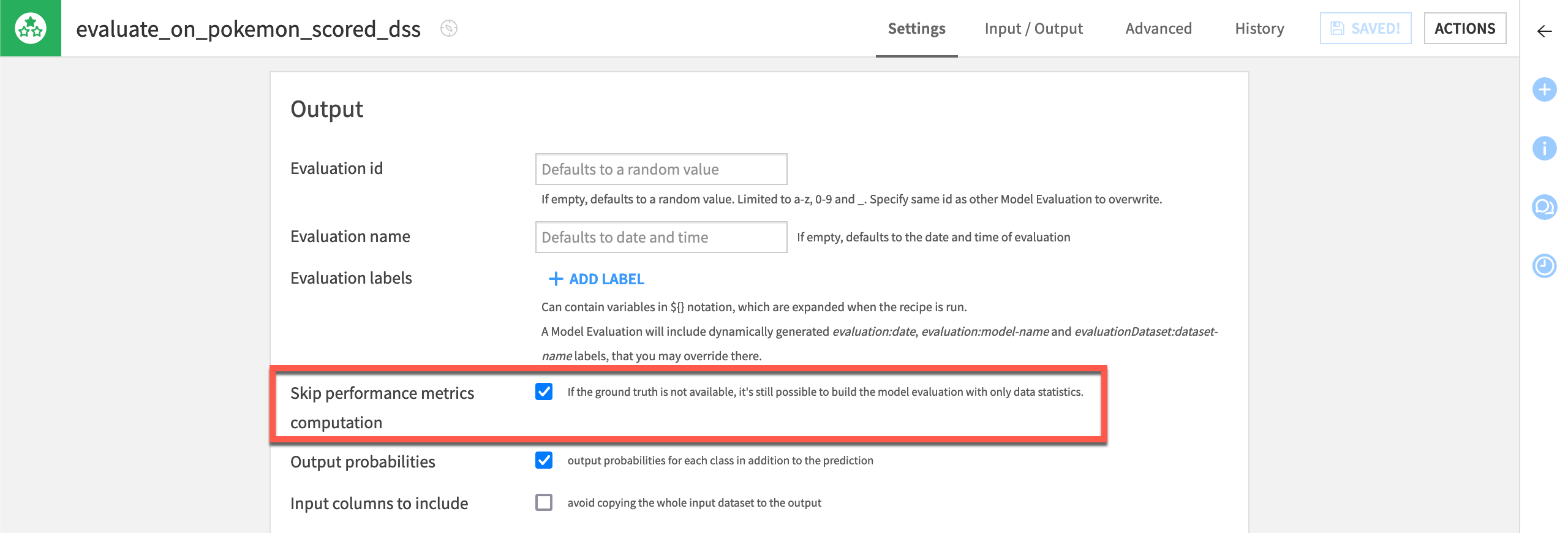 Dataiku screenshot of the settings of an Evaluate recipe.