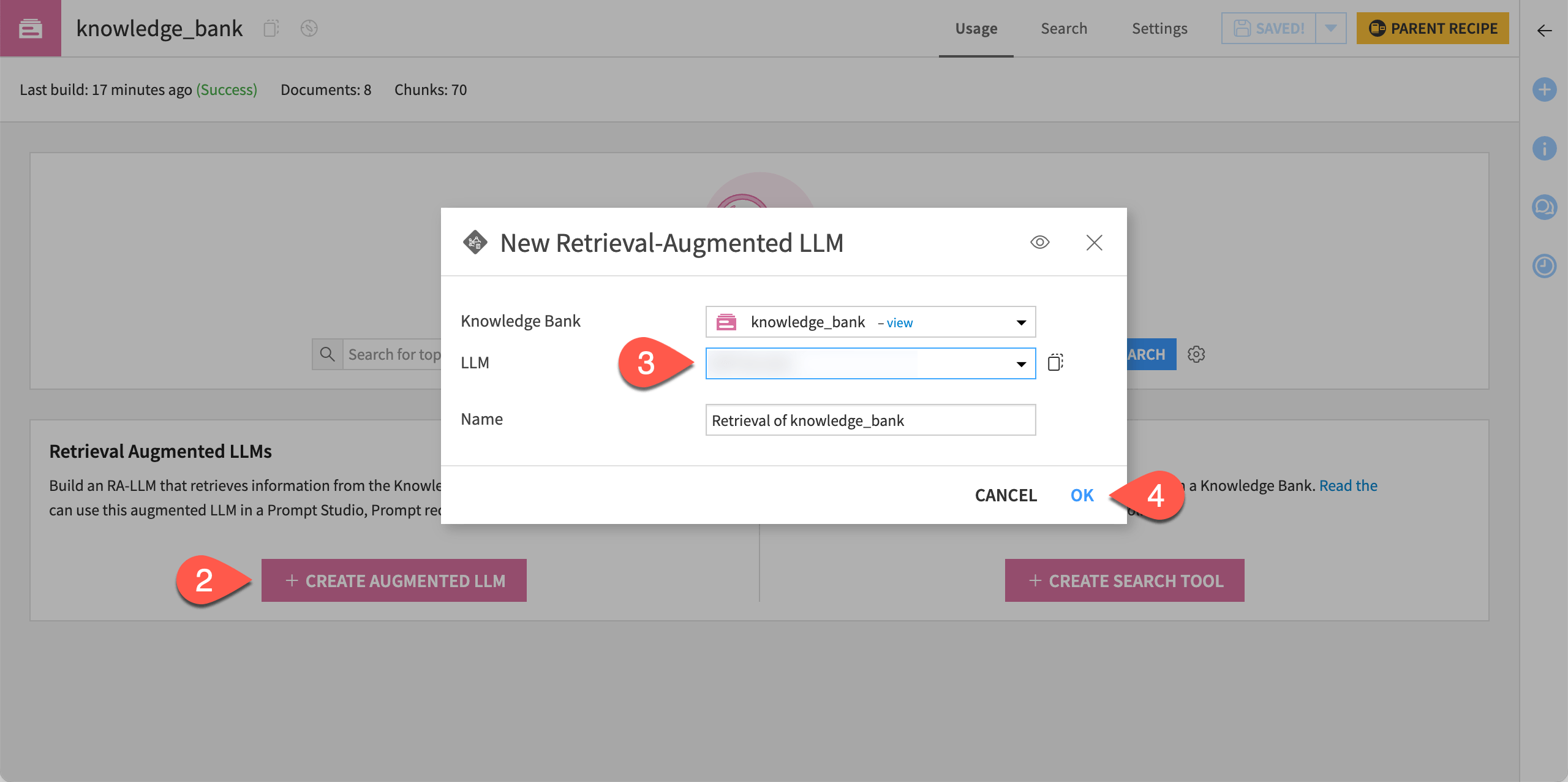 Screenshot of the Usage tab of the knowledge bank.