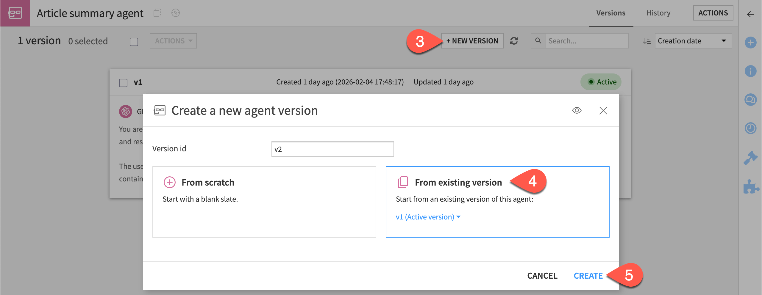 Dataiku screenshot of the dialog to create a new agent version.