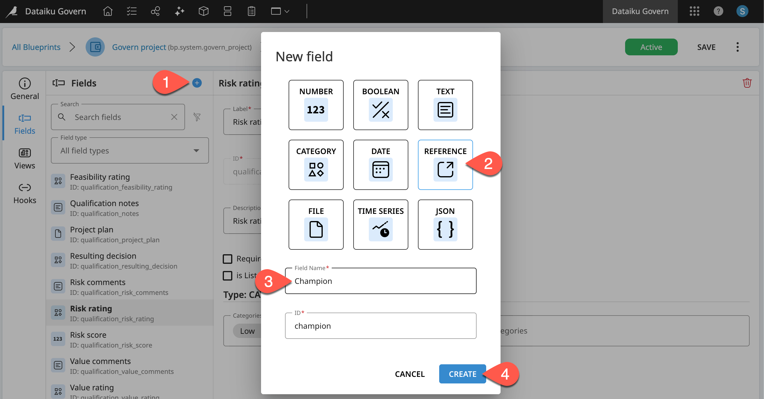 Dataiku screenshot of the dialog to create a new field.