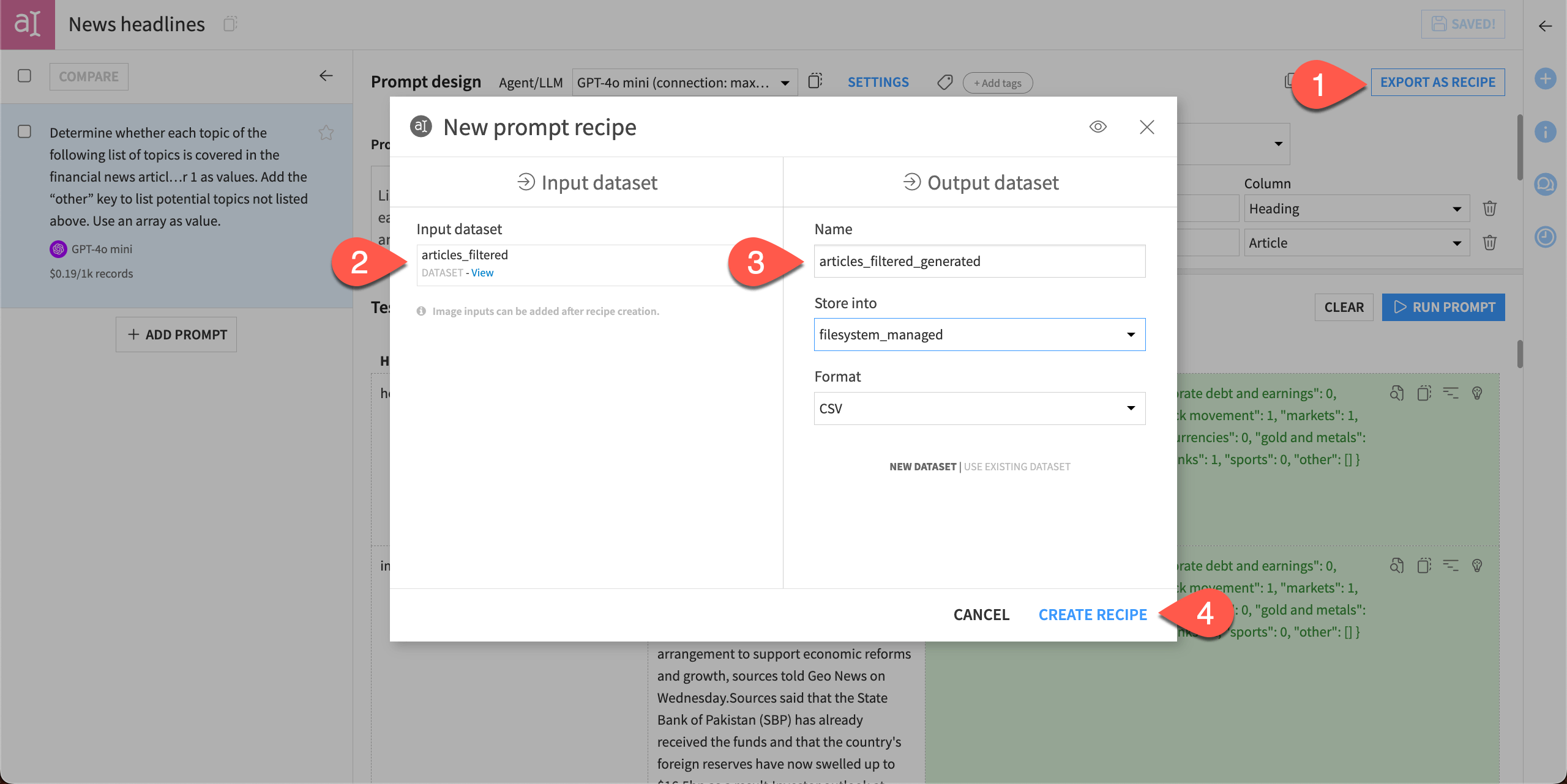 The New Prompt recipe info window.