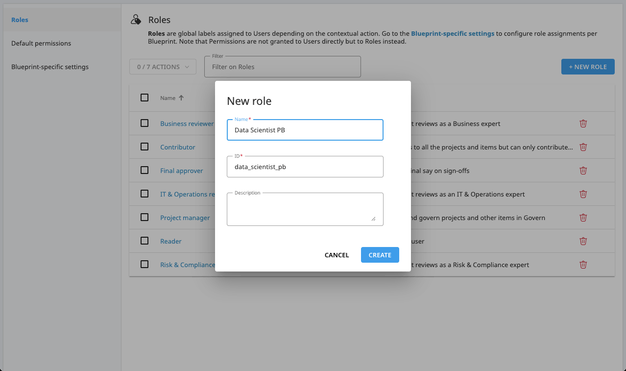 A Dataiku Govern screenshot showing the New role dialogue.