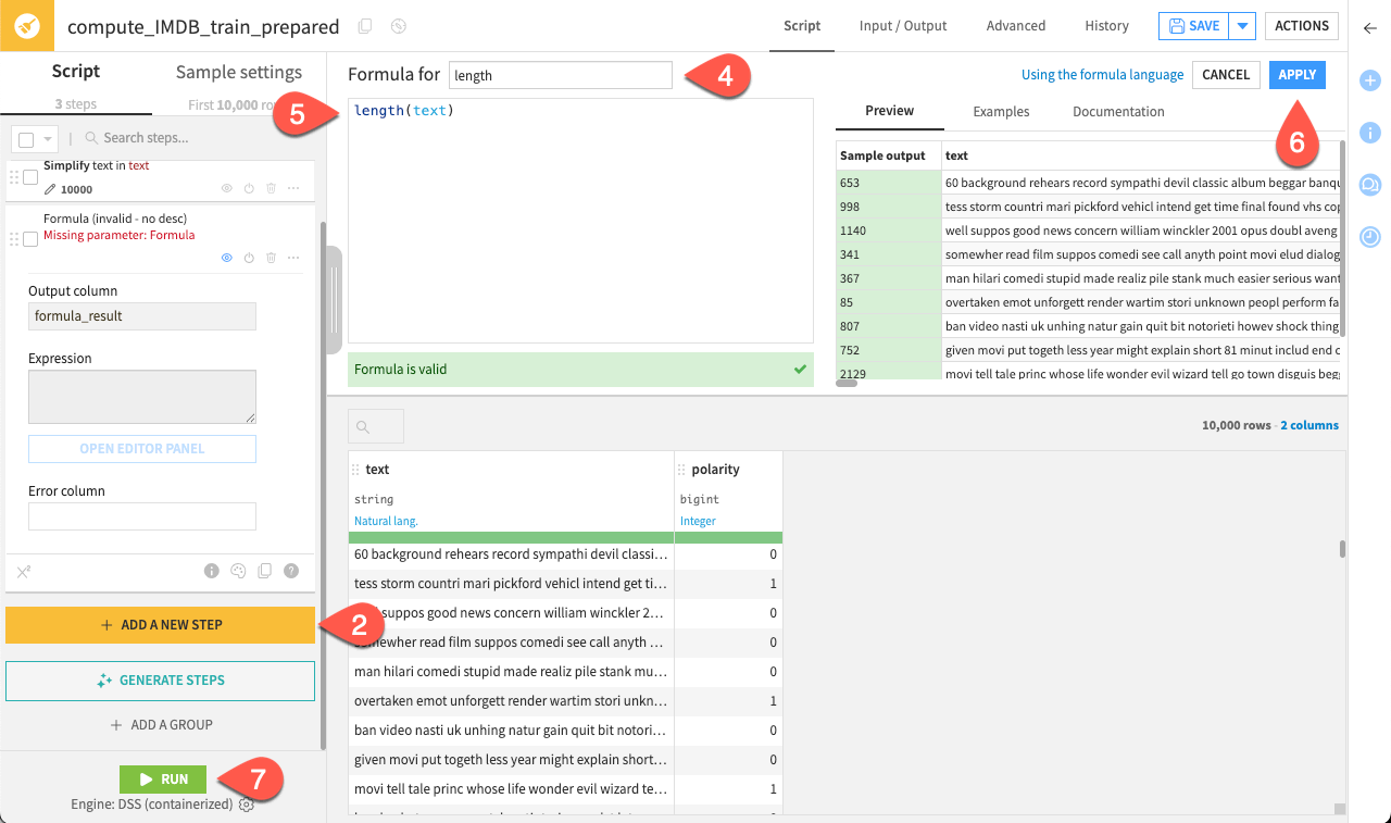 Dataiku screenshot of a formula step in a Prepare recipe.