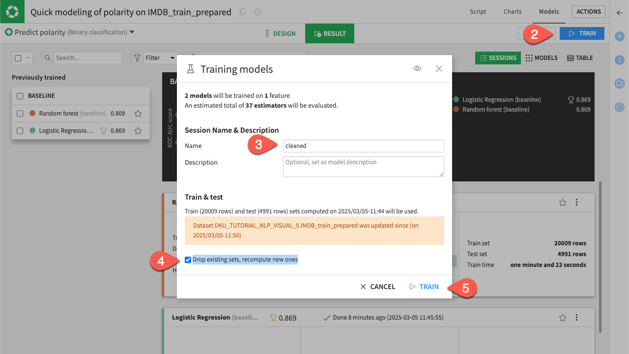 Dataiku screenshot of a dialog for training a model.