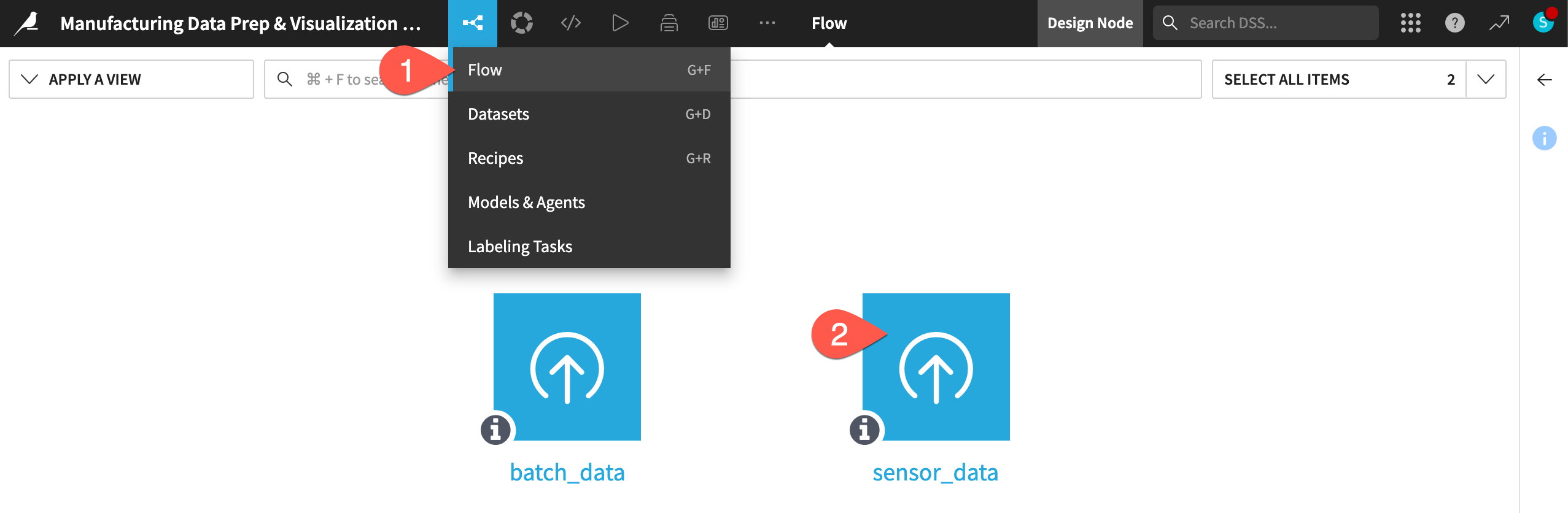Dataiku screenshot of the Flow showing sensors dataset.
