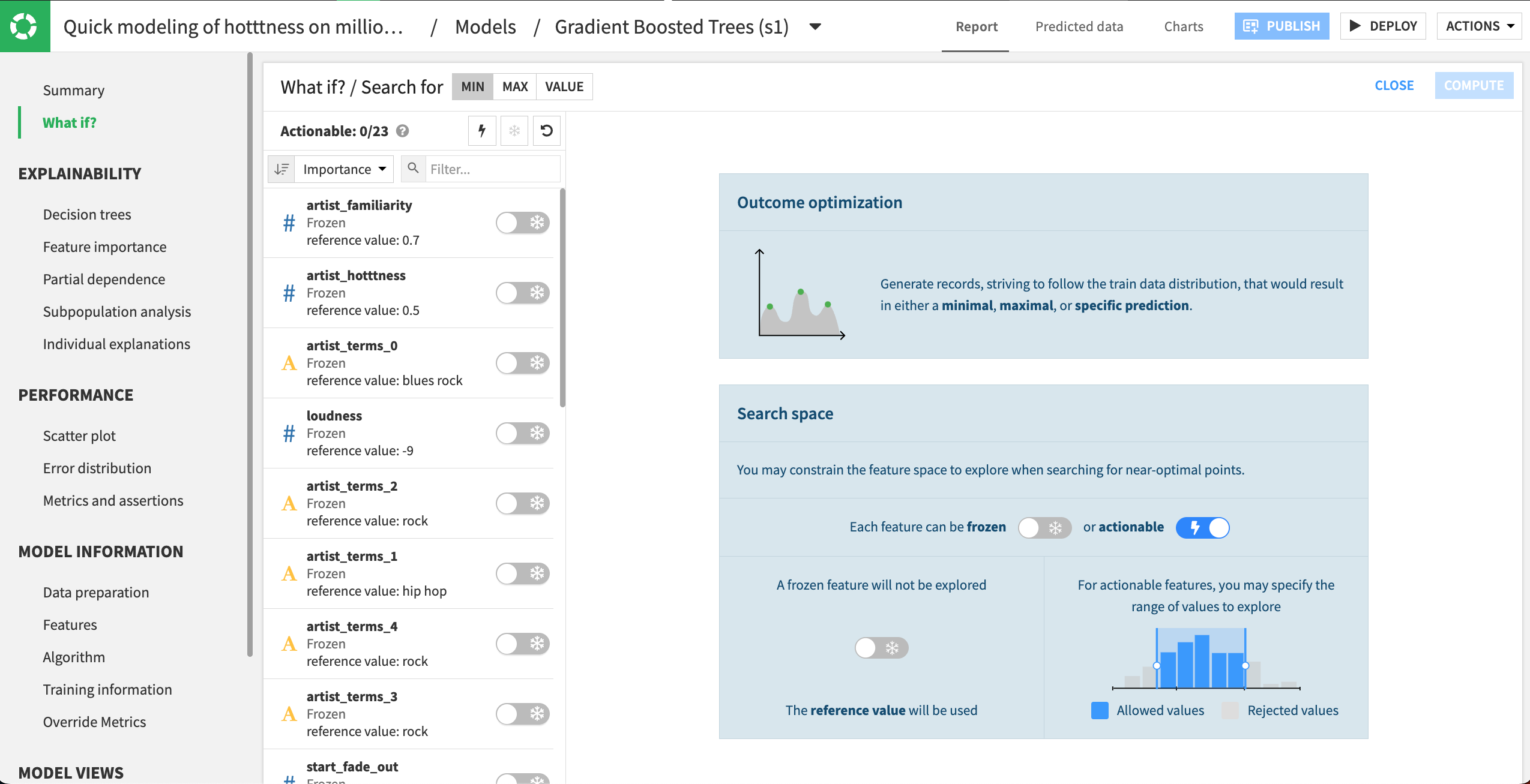 The optimize outcome panel.