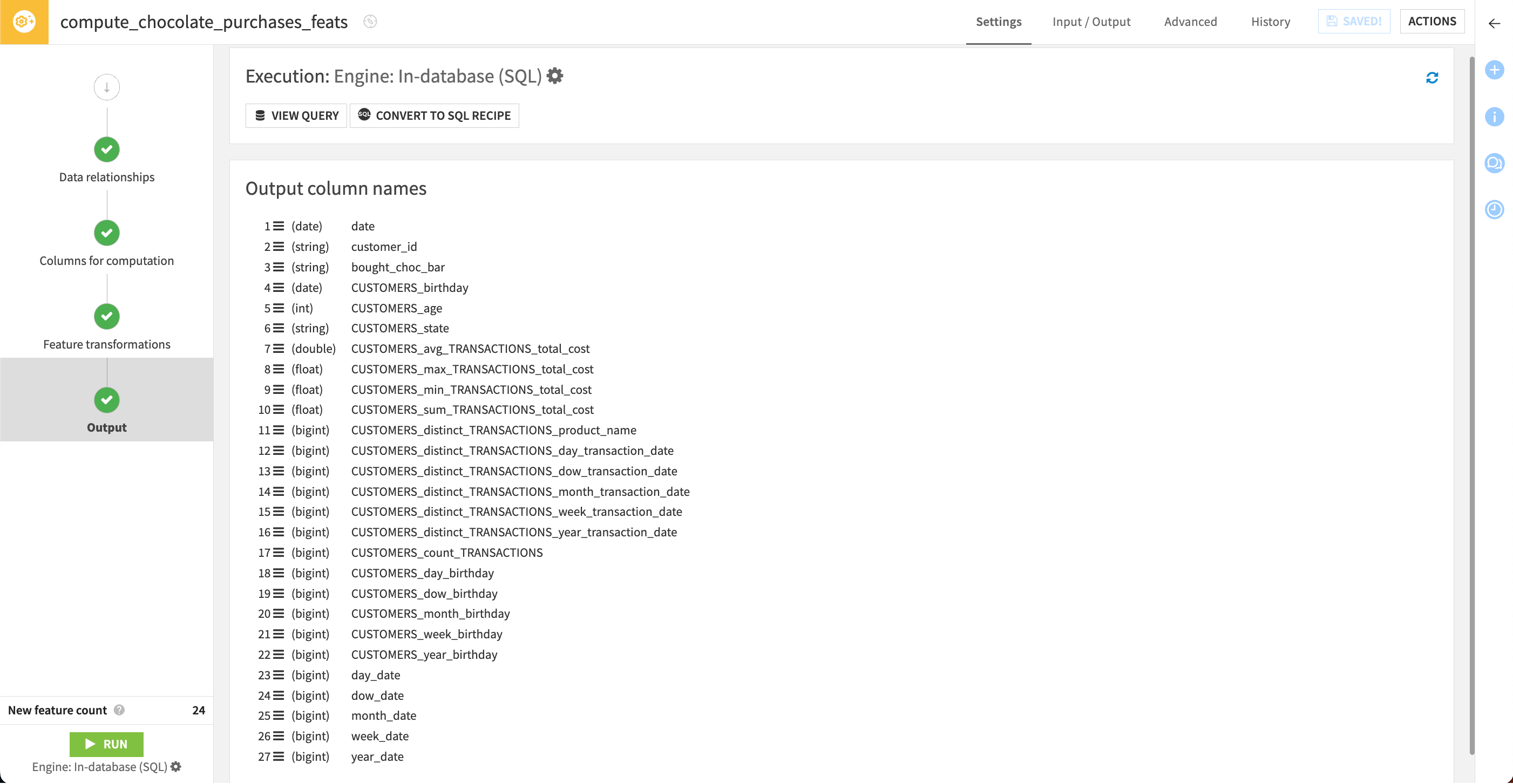 Screenshot of the output column names screen.